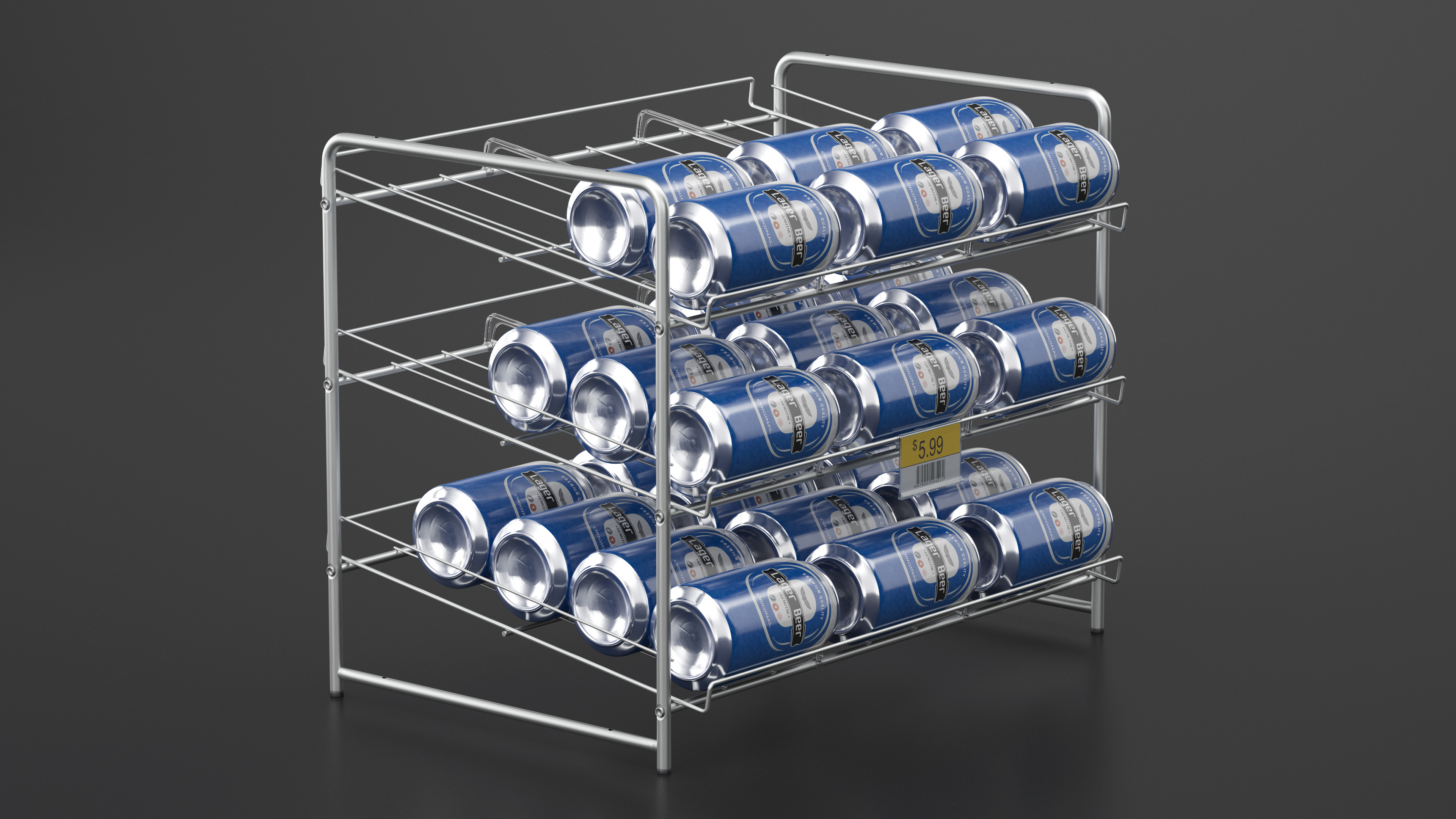 Can Rack Dispenser Chrome with Beer Cans and Price Tag 3D model