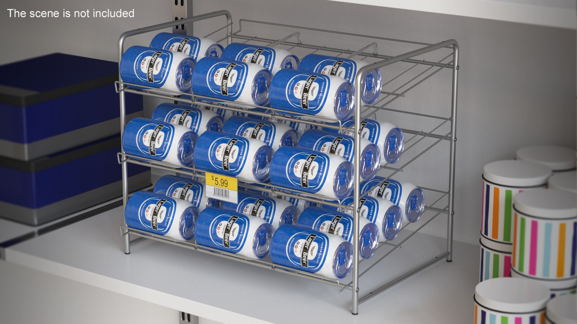 Can Rack Dispenser Chrome with Beer Cans and Price Tag 3D model