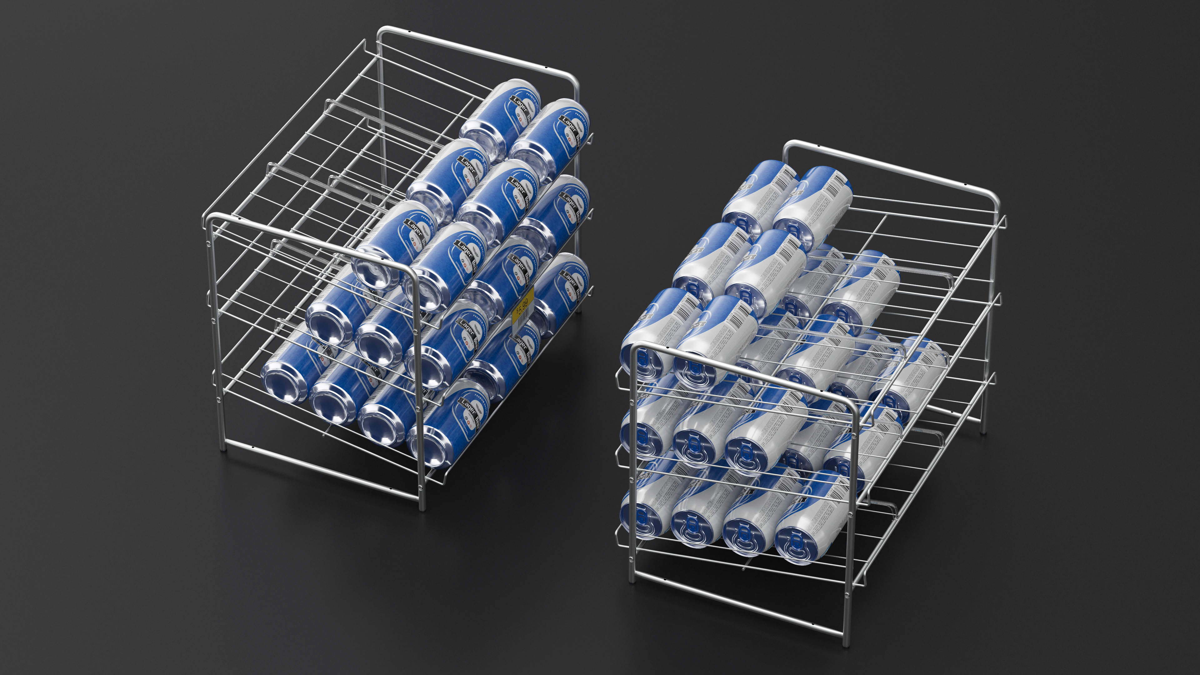 Can Rack Dispenser Chrome with Beer Cans and Price Tag 3D model