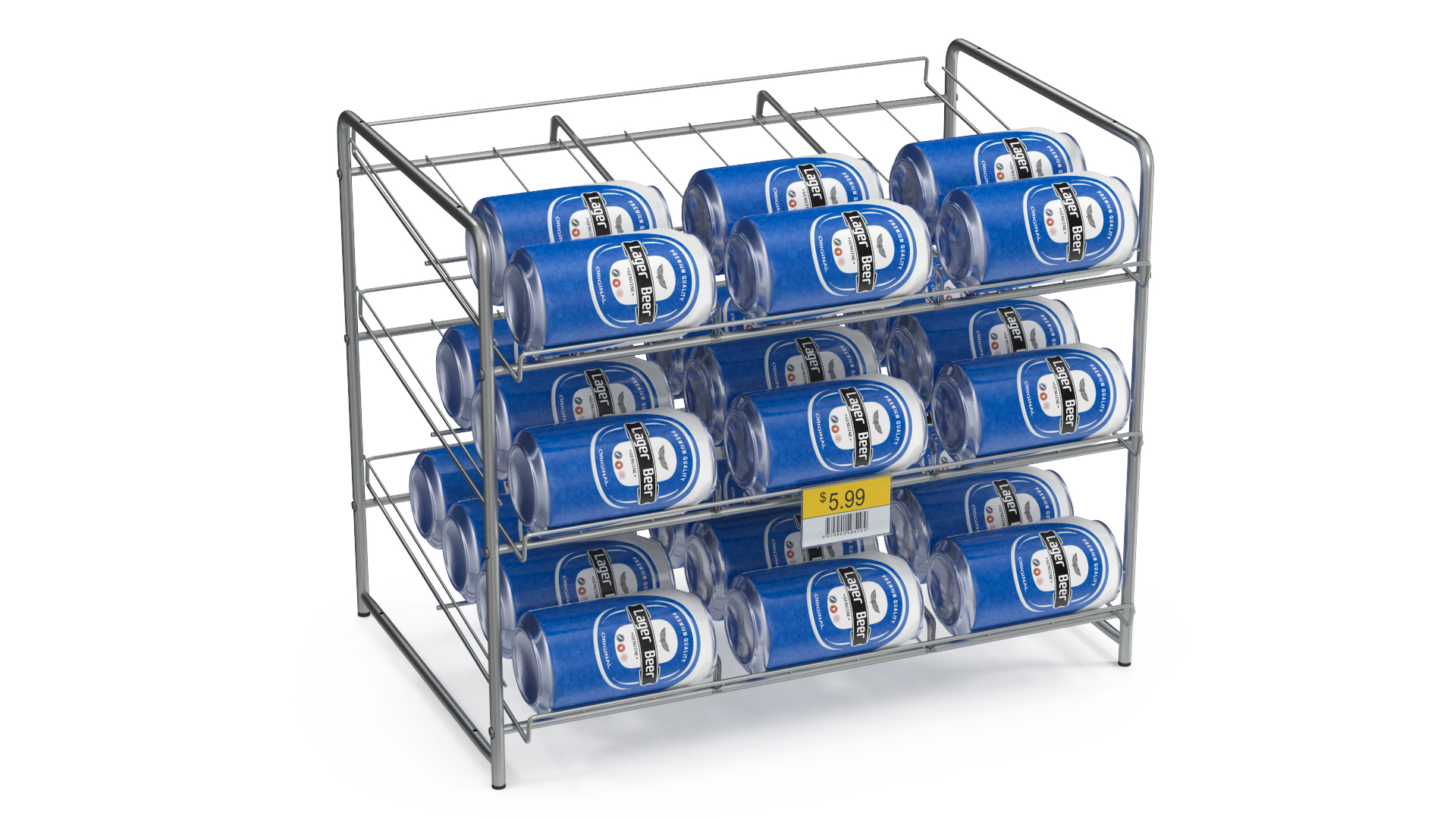 Can Rack Dispenser Chrome with Beer Cans and Price Tag 3D model