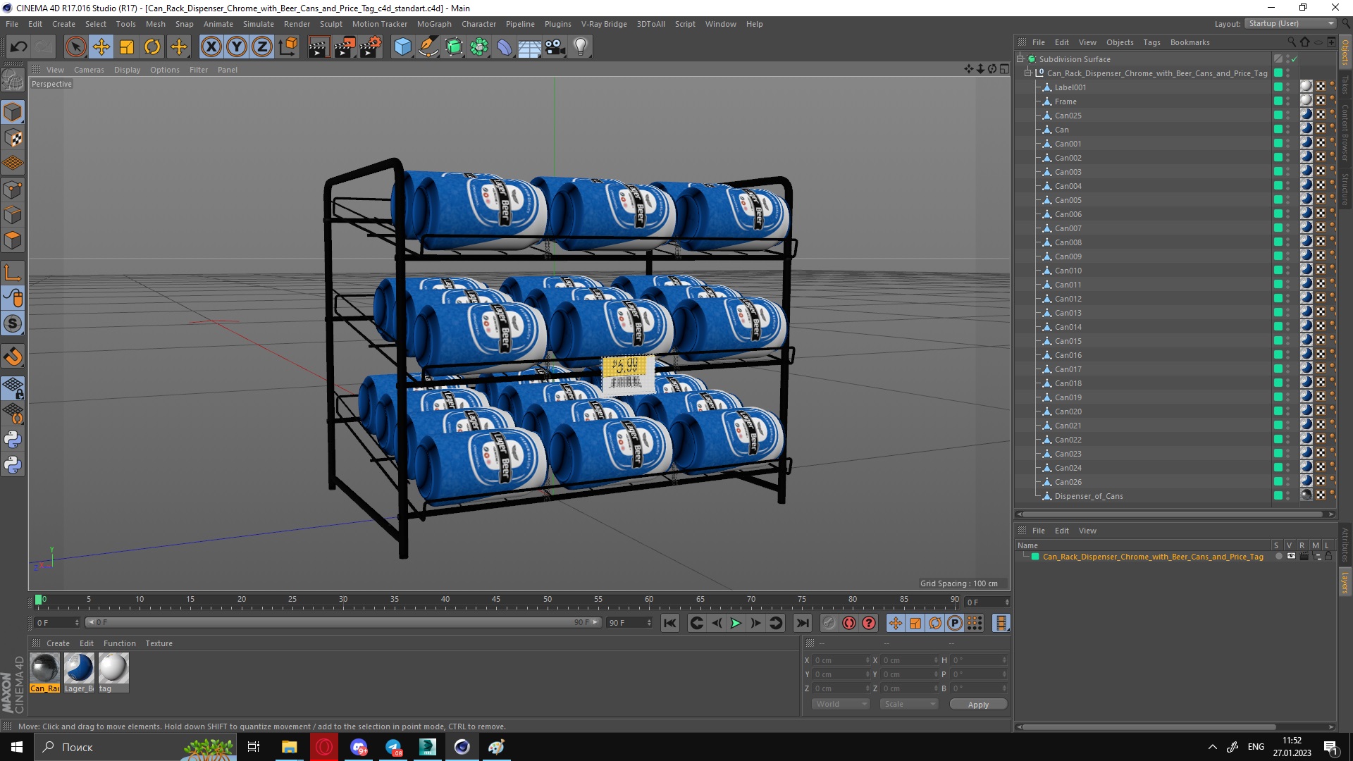 Can Rack Dispenser Chrome with Beer Cans and Price Tag 3D model