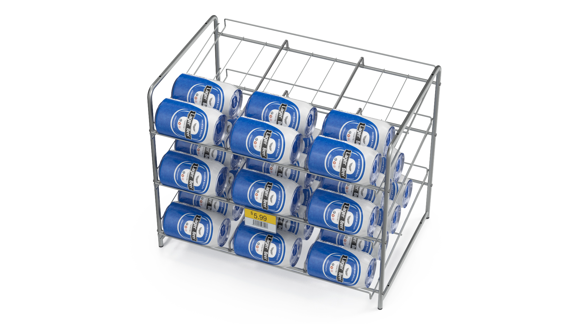 Can Rack Dispenser Chrome with Beer Cans and Price Tag 3D model