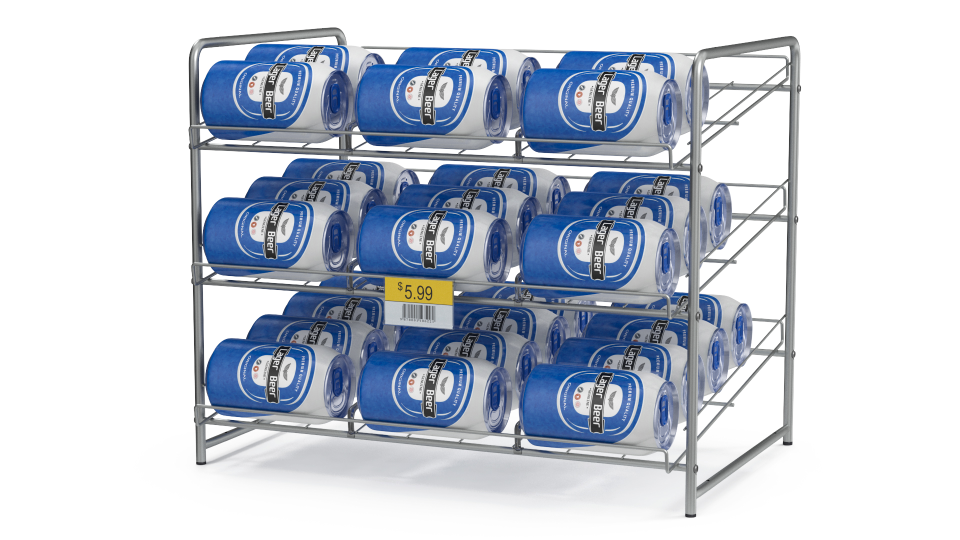 Can Rack Dispenser Chrome with Beer Cans and Price Tag 3D model