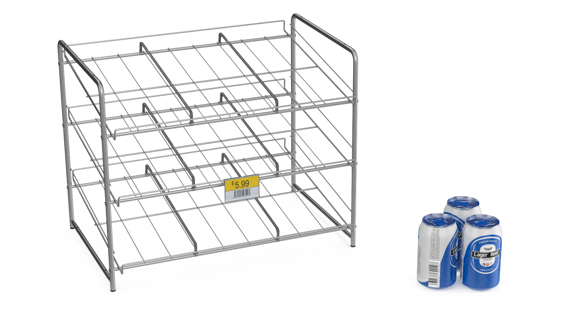 Can Rack Dispenser Chrome with Beer Cans and Price Tag 3D model