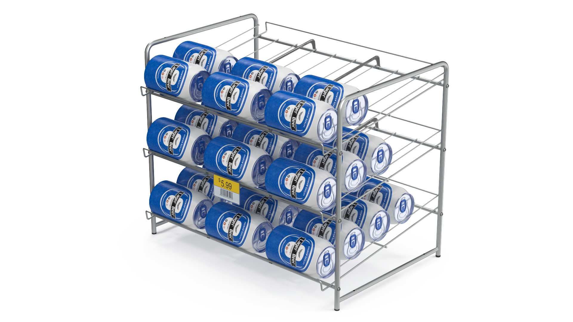 Can Rack Dispenser Chrome with Beer Cans and Price Tag 3D model