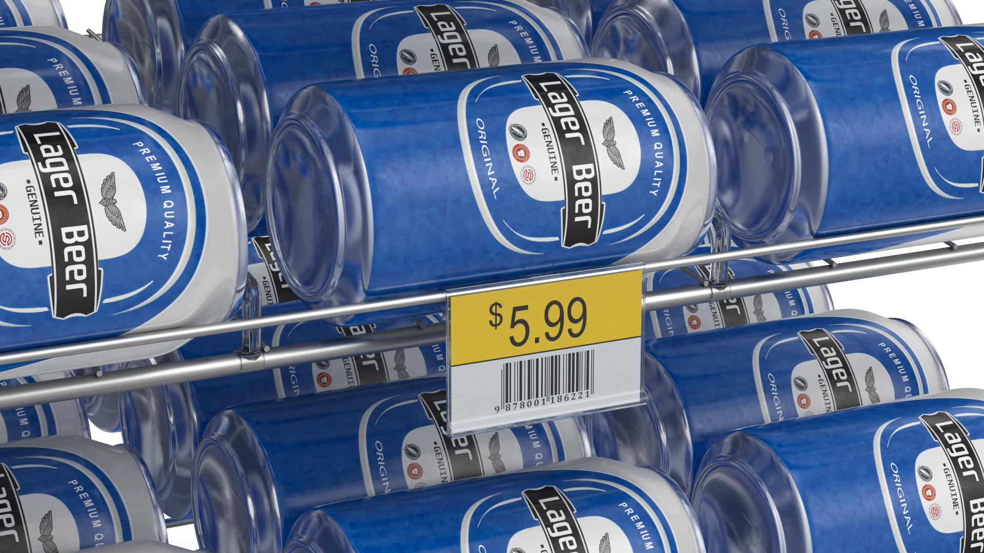 Can Rack Dispenser Chrome with Beer Cans and Price Tag 3D model