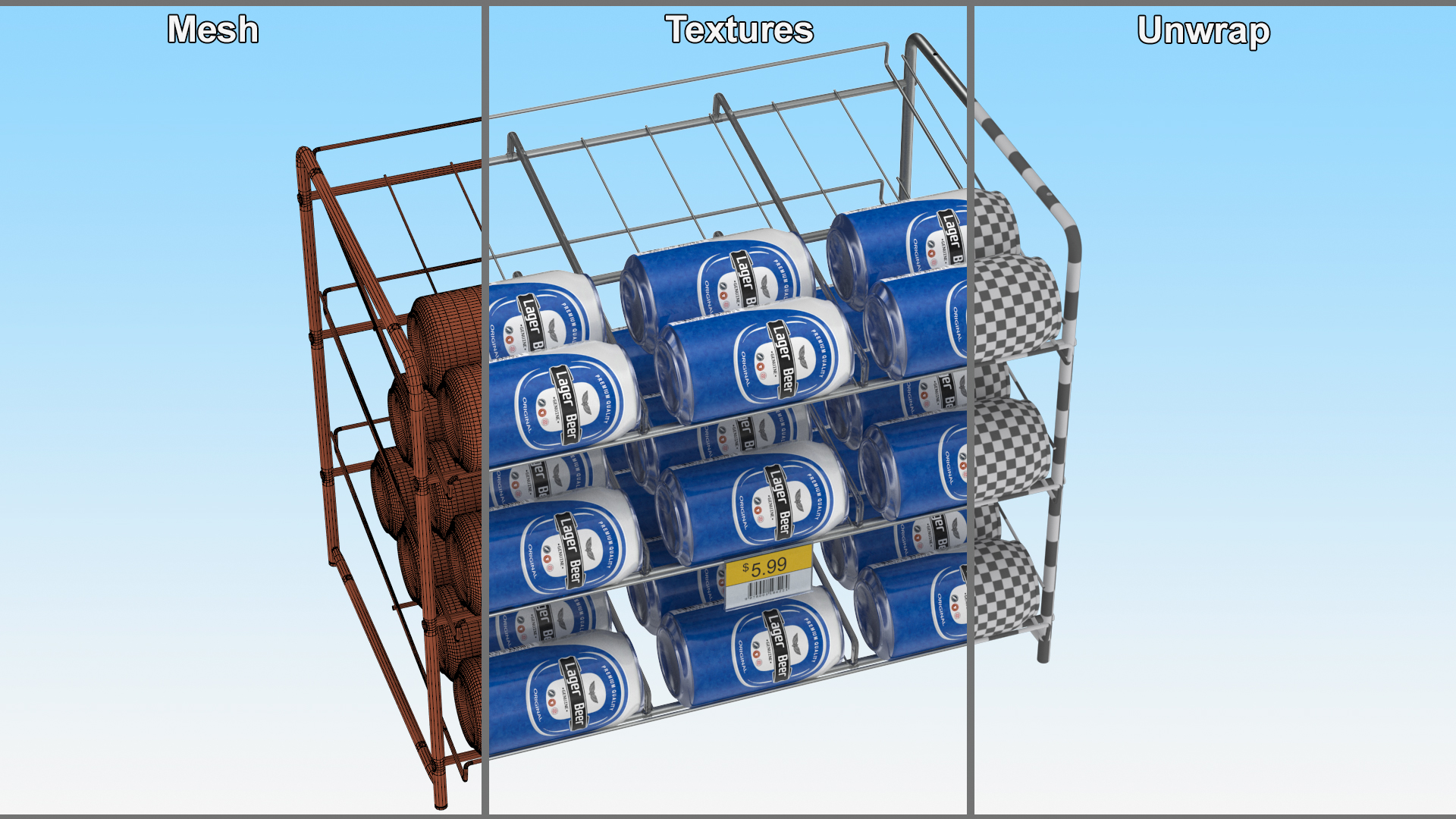 Can Rack Dispenser Chrome with Beer Cans and Price Tag 3D model