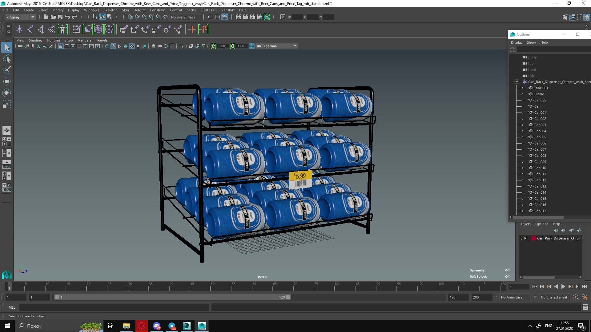 Can Rack Dispenser Chrome with Beer Cans and Price Tag 3D model