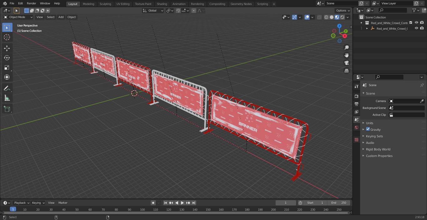 Red and White Crowd Control Barriers Line with Banners 3D model