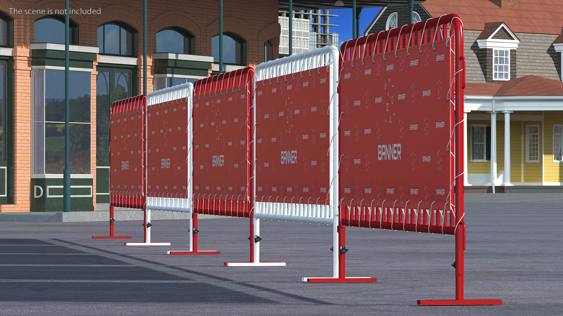 Red and White Crowd Control Barriers Line with Banners 3D model
