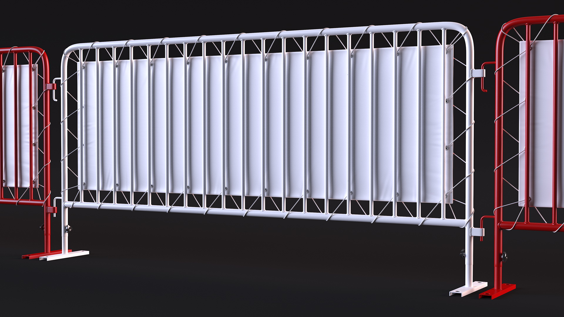 Red and White Crowd Control Barriers Line with Banners 3D model