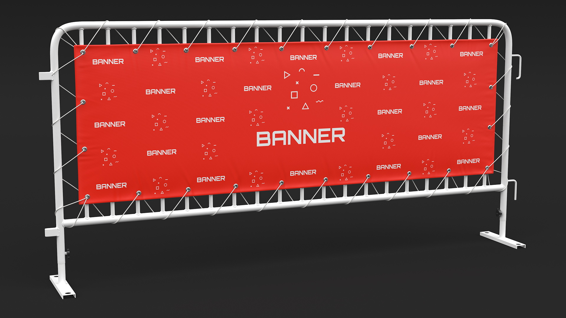 Red and White Crowd Control Barriers Line with Banners 3D model