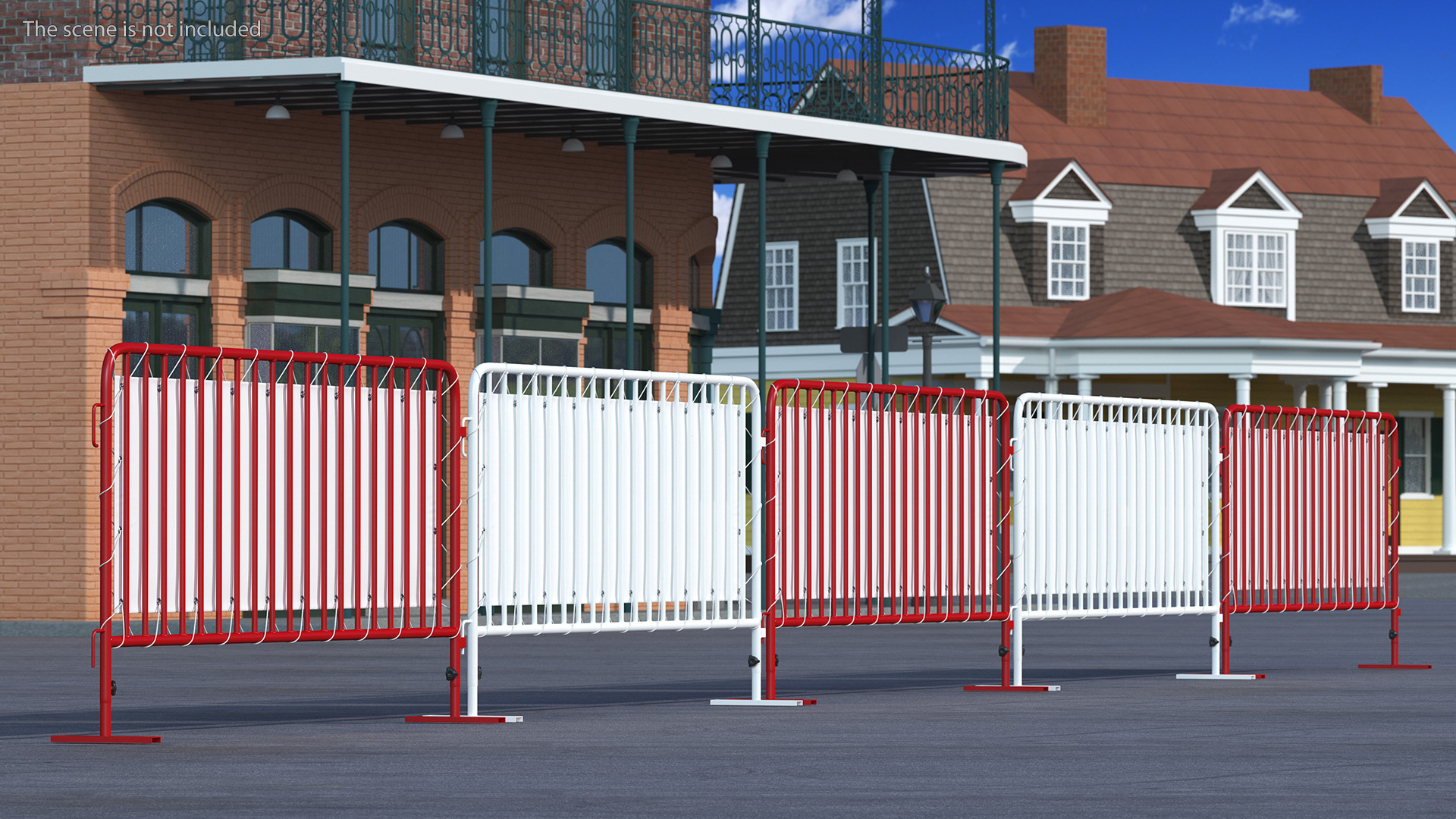 Red and White Crowd Control Barriers Line with Banners 3D model