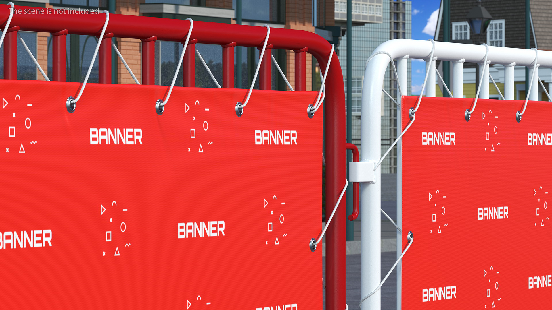 Red and White Crowd Control Barriers Line with Banners 3D model