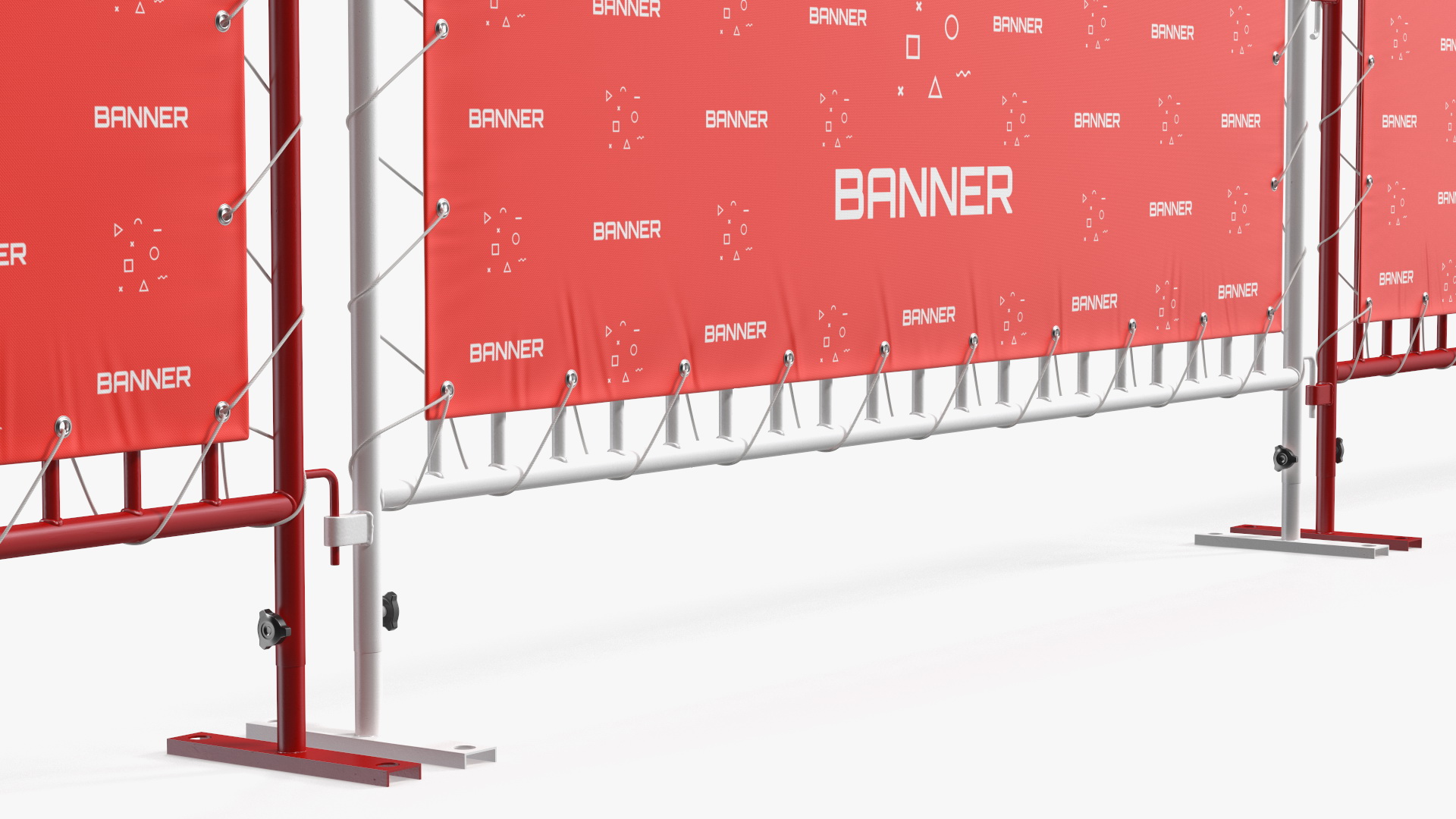 Red and White Crowd Control Barriers Line with Banners 3D model