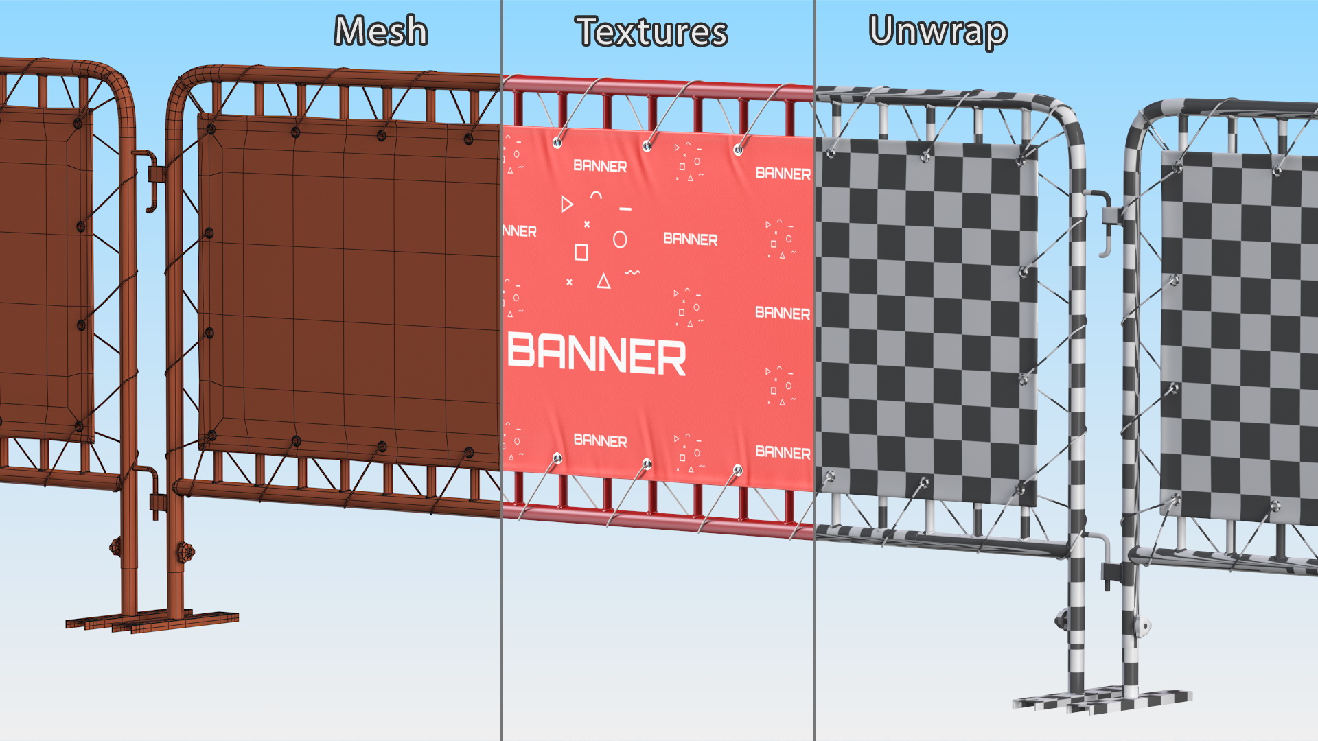 Red and White Crowd Control Barriers Line with Banners 3D model
