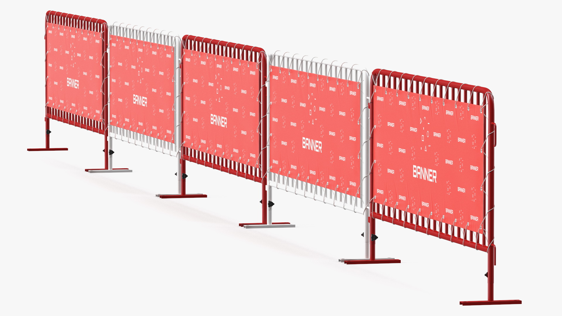 Red and White Crowd Control Barriers Line with Banners 3D model