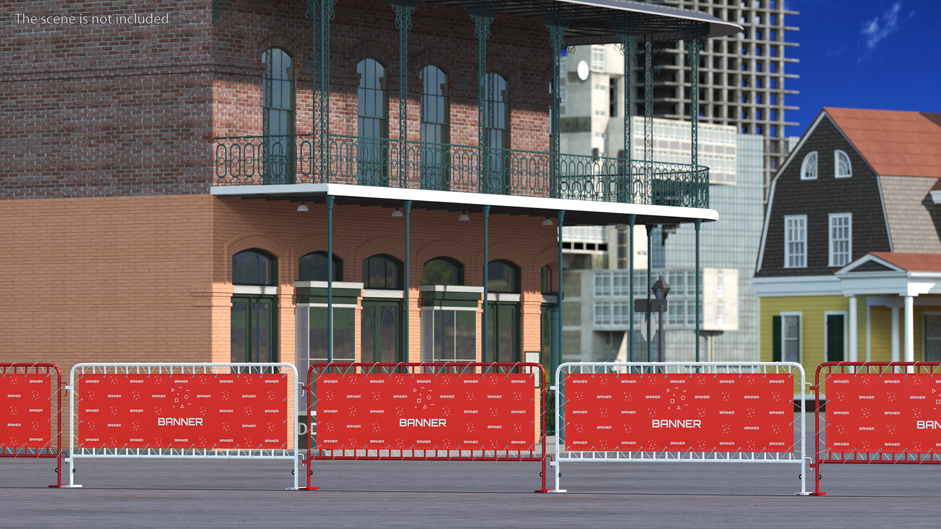 Red and White Crowd Control Barriers Line with Banners 3D model
