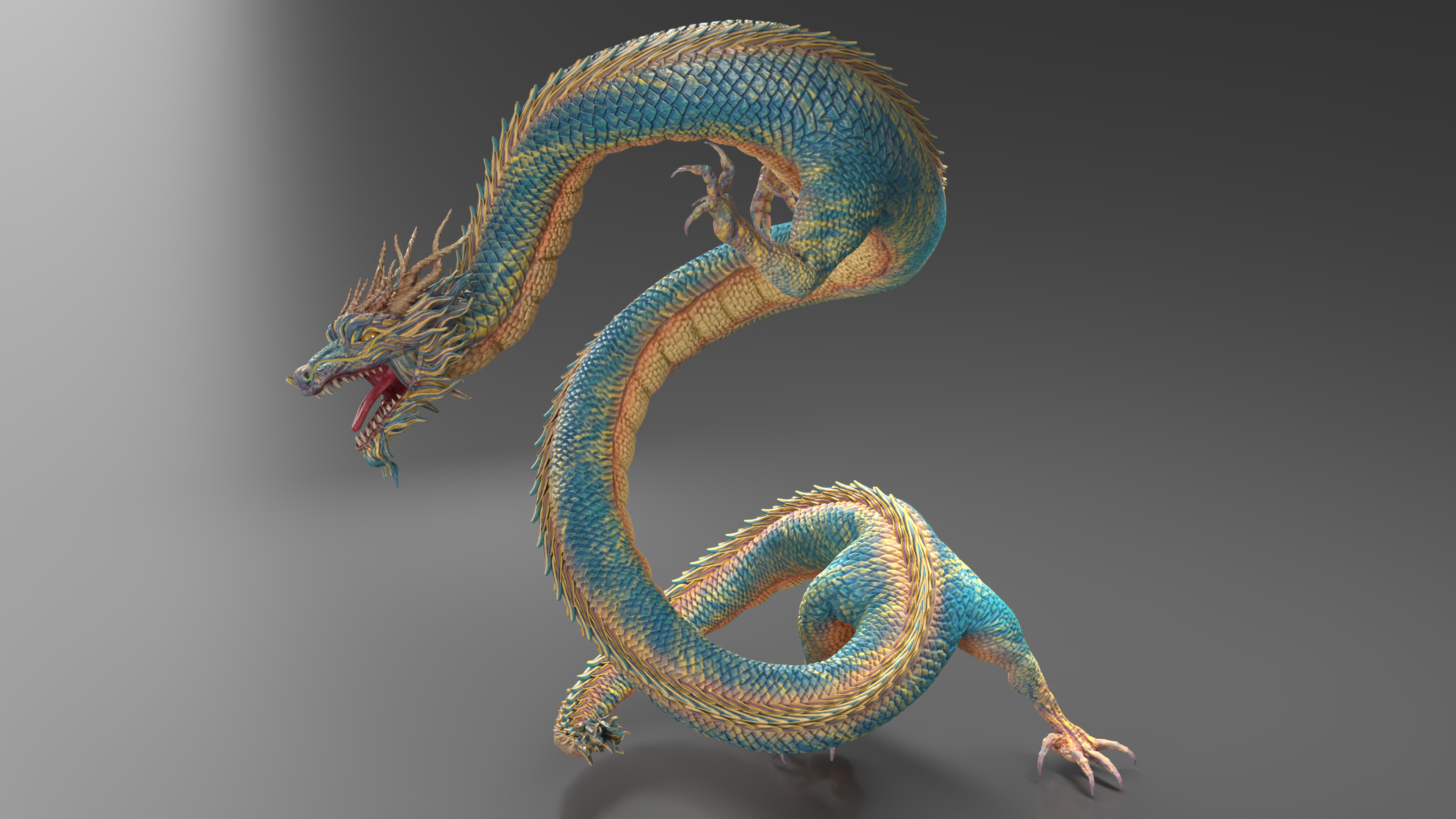 3D Asian Mythical Serpent Dragon Blue Rigged
