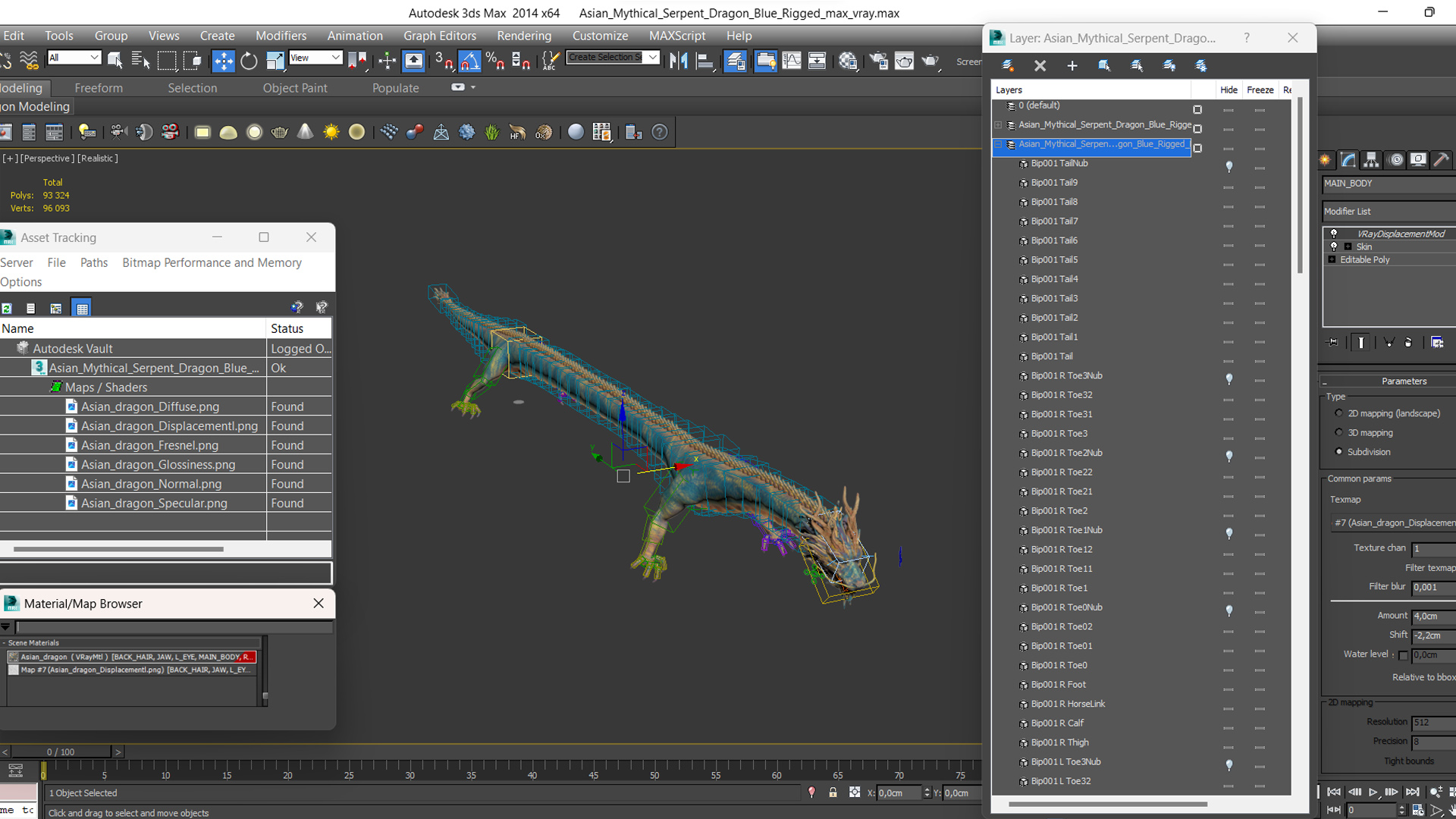 3D Asian Mythical Serpent Dragon Blue Rigged