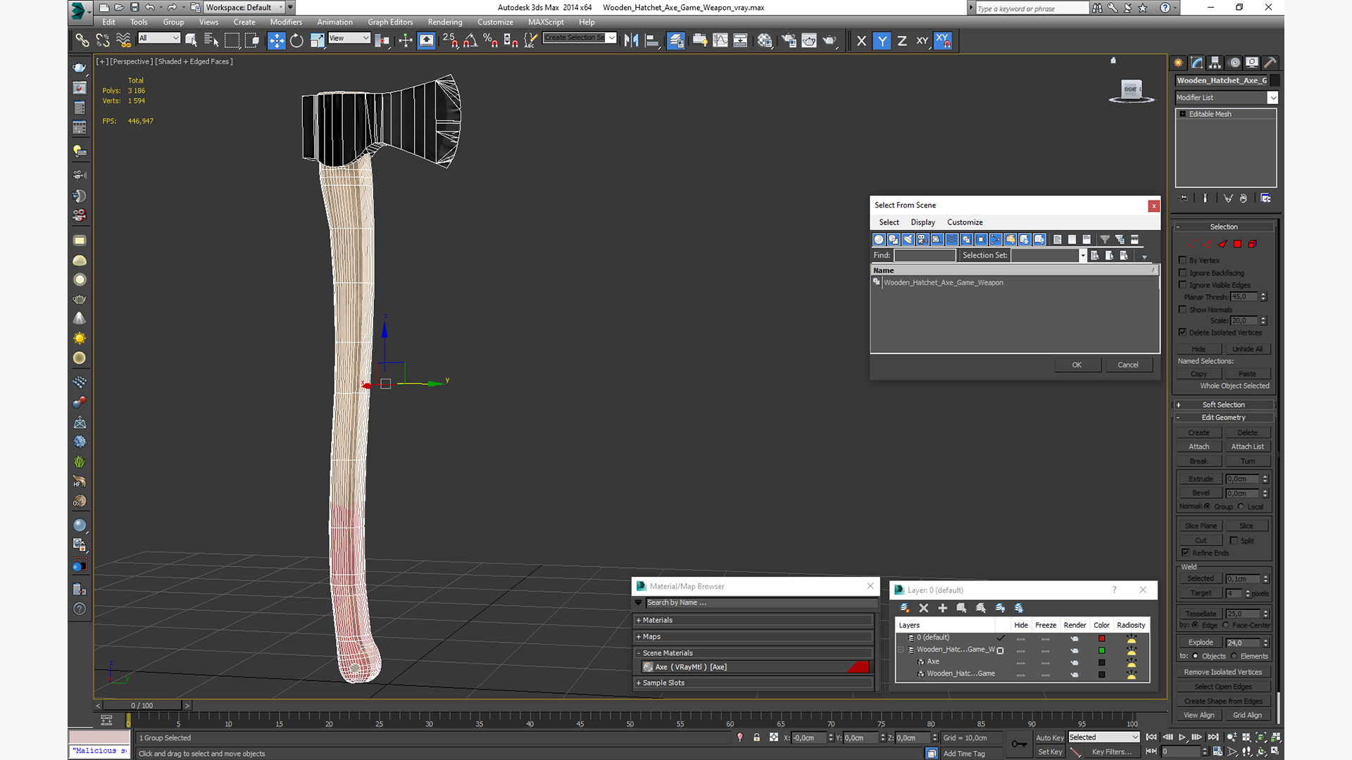 3D model Wooden Hatchet Axe Game Weapon