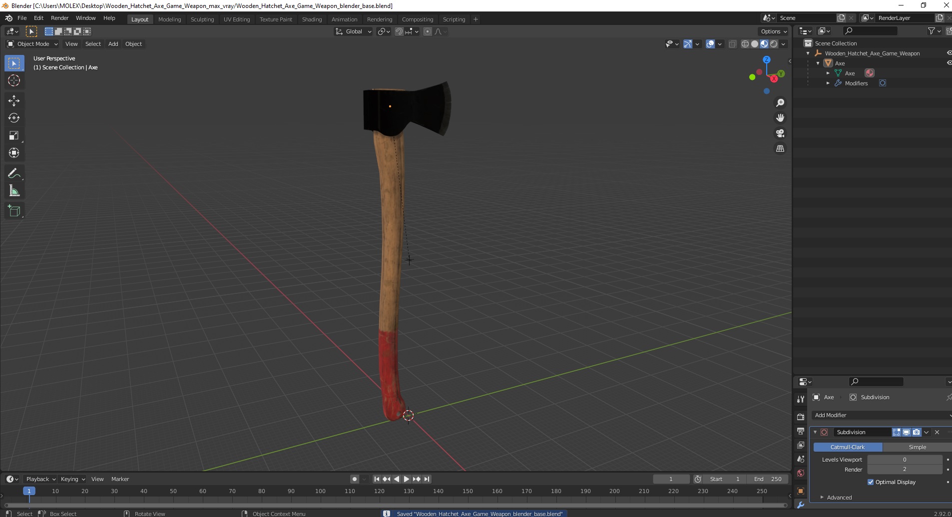 3D model Wooden Hatchet Axe Game Weapon