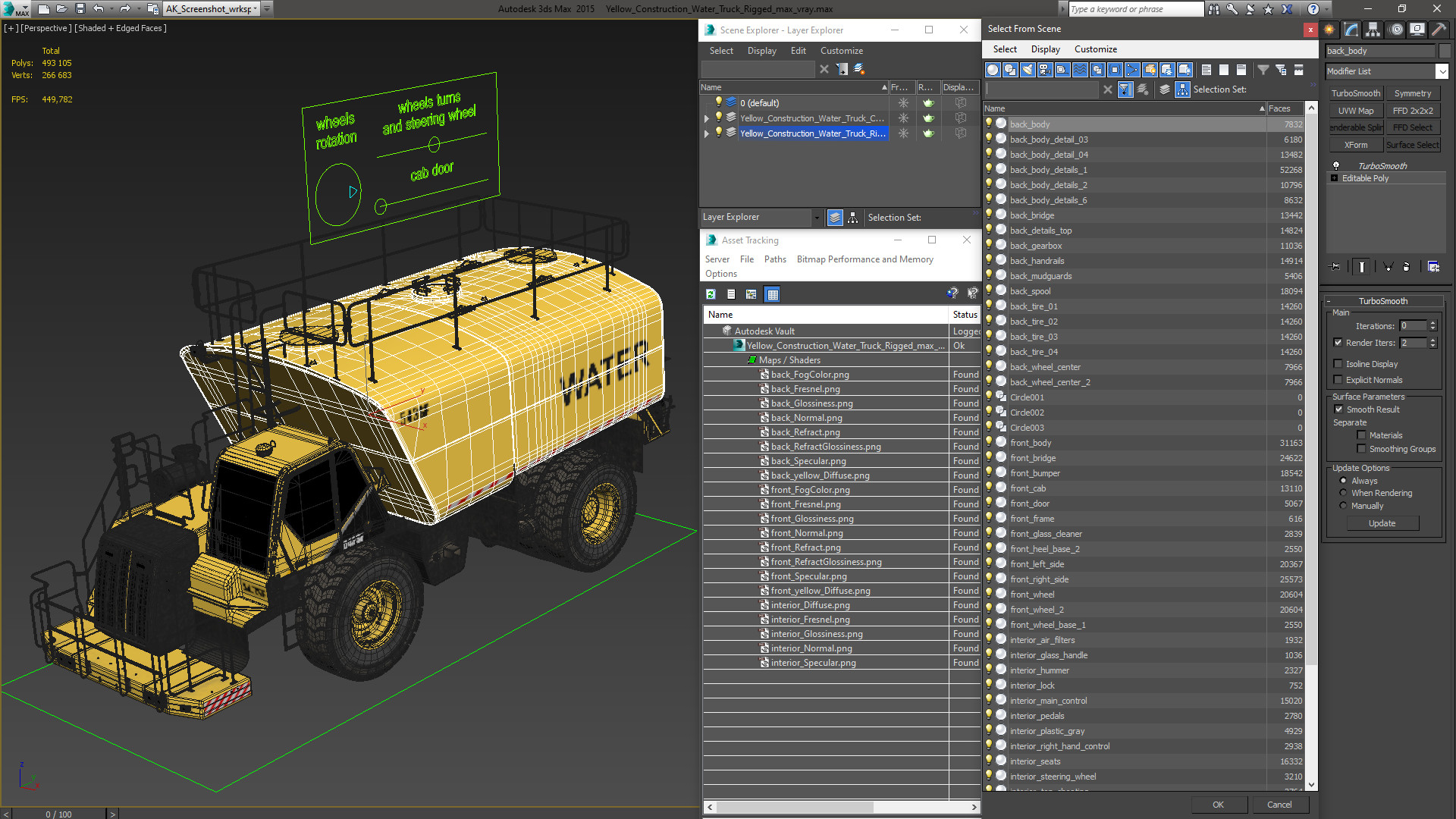 3D Yellow Construction Water Truck Rigged model