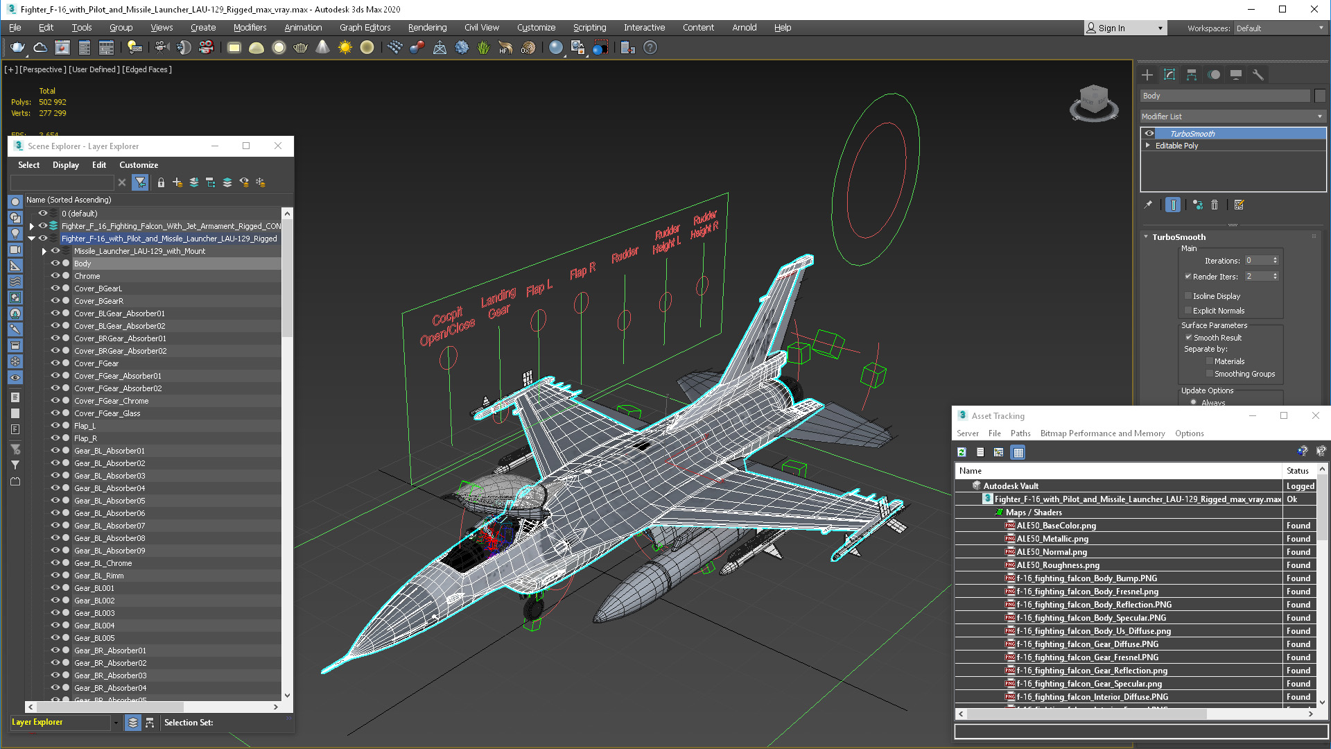 3D Fighter F-16 with Pilot and Missile Launcher LAU-129 Rigged for Cinema 4D model