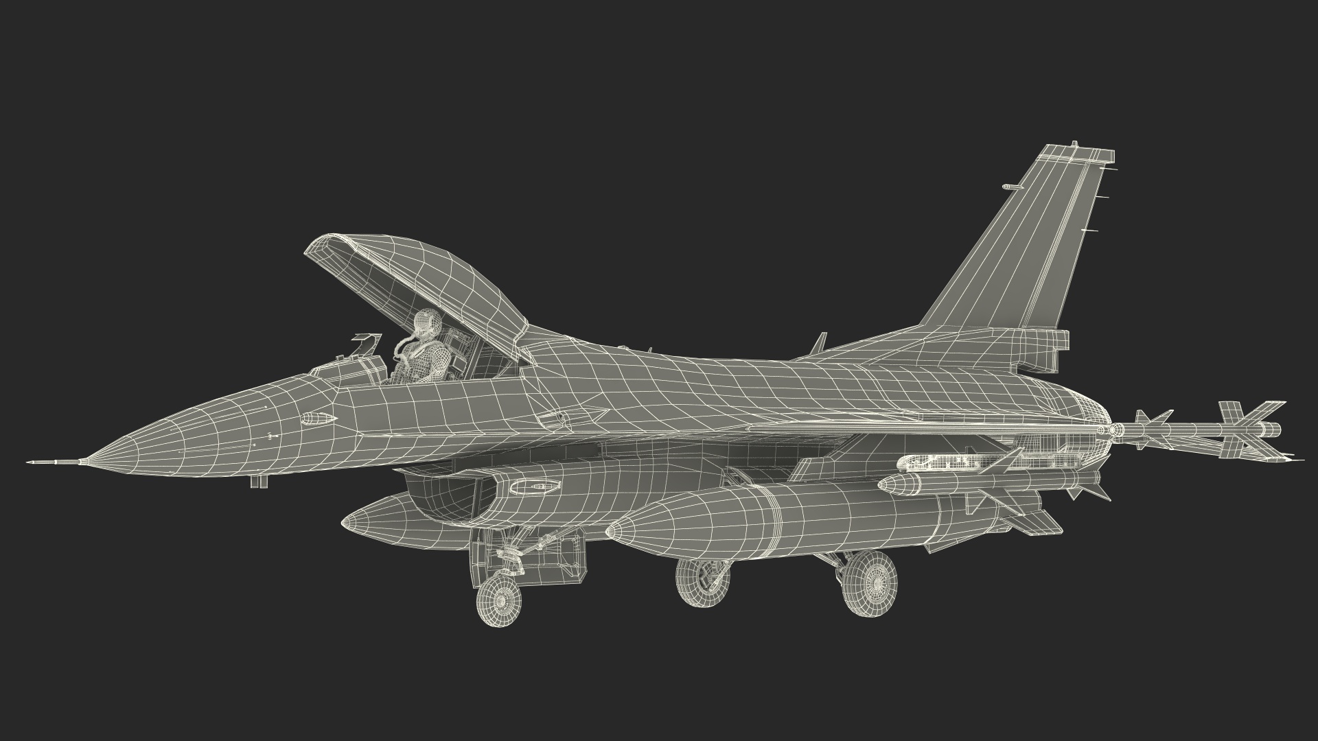 3D Fighter F-16 with Pilot and Missile Launcher LAU-129 Rigged for Cinema 4D model