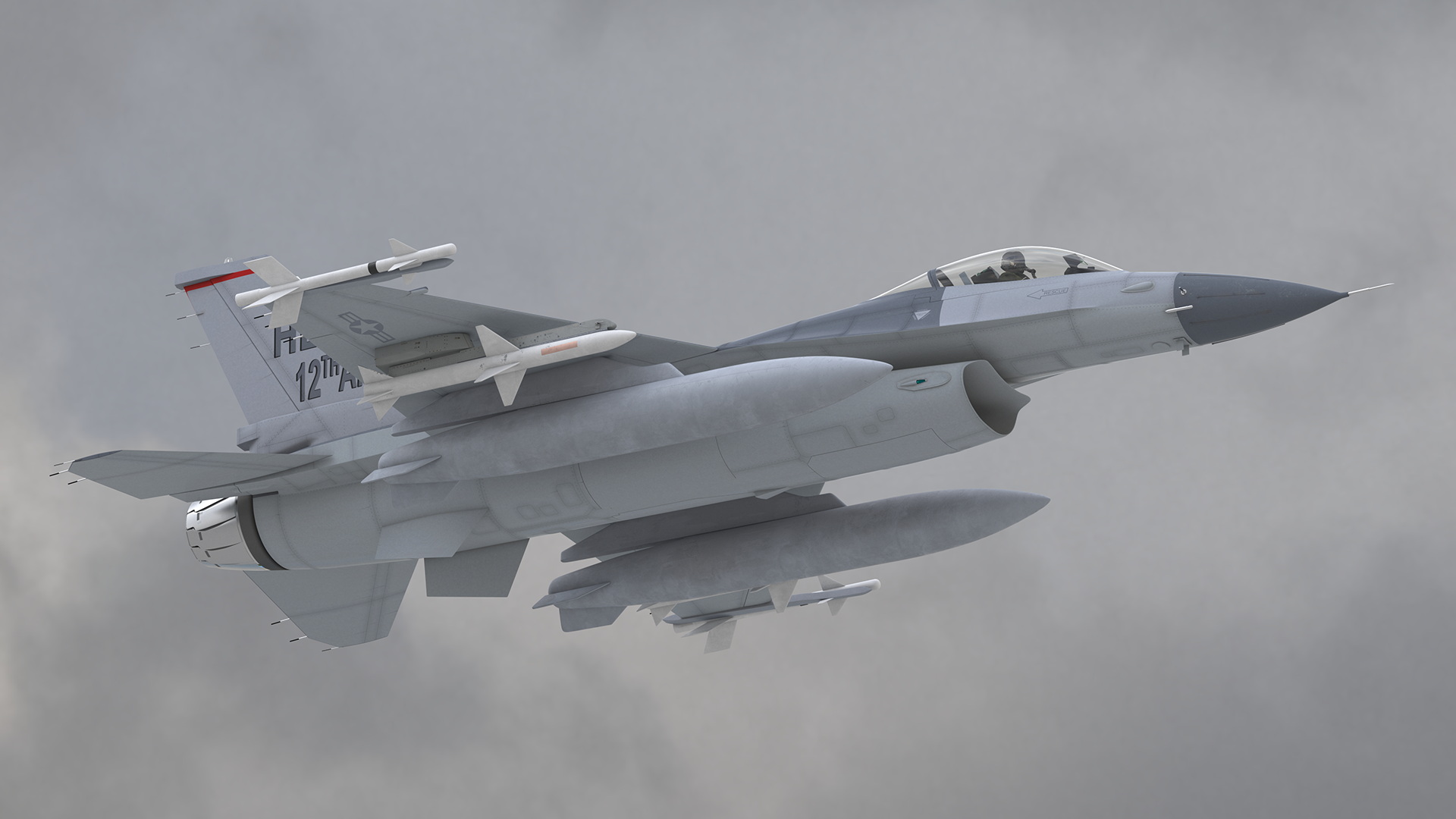 3D Fighter F-16 with Pilot and Missile Launcher LAU-129 Rigged for Cinema 4D model
