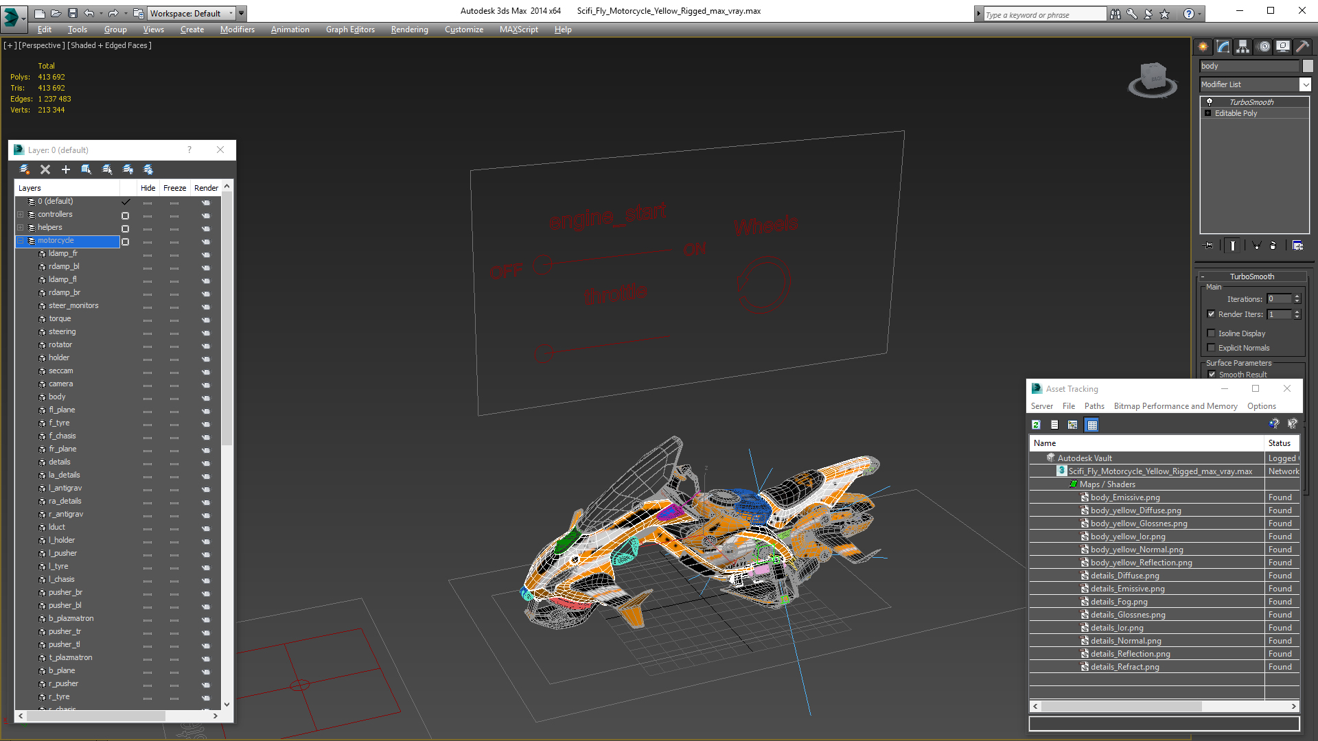 Scifi Fly Motorcycle Yellow Rigged 3D model
