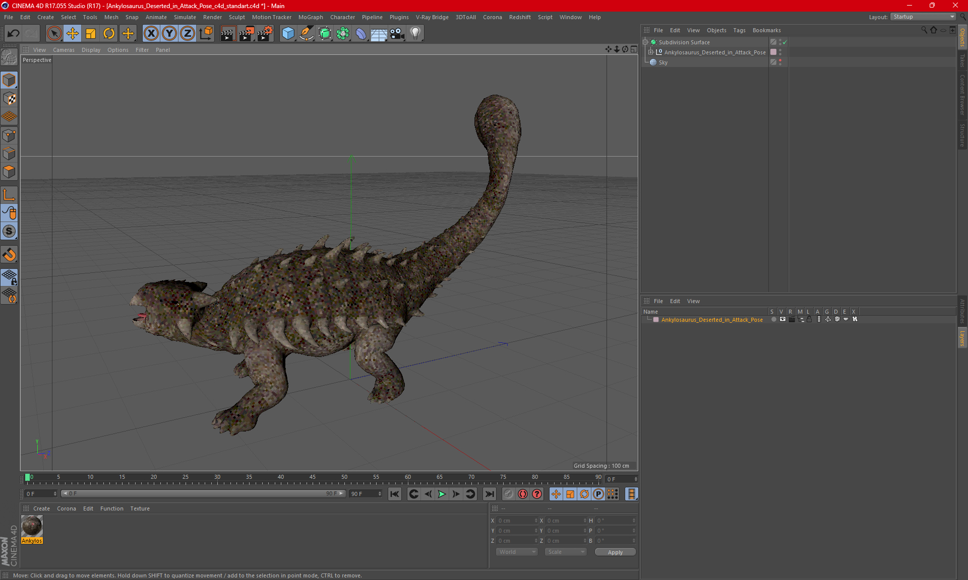 3D Ankylosaurus Deserted in Attack Pose