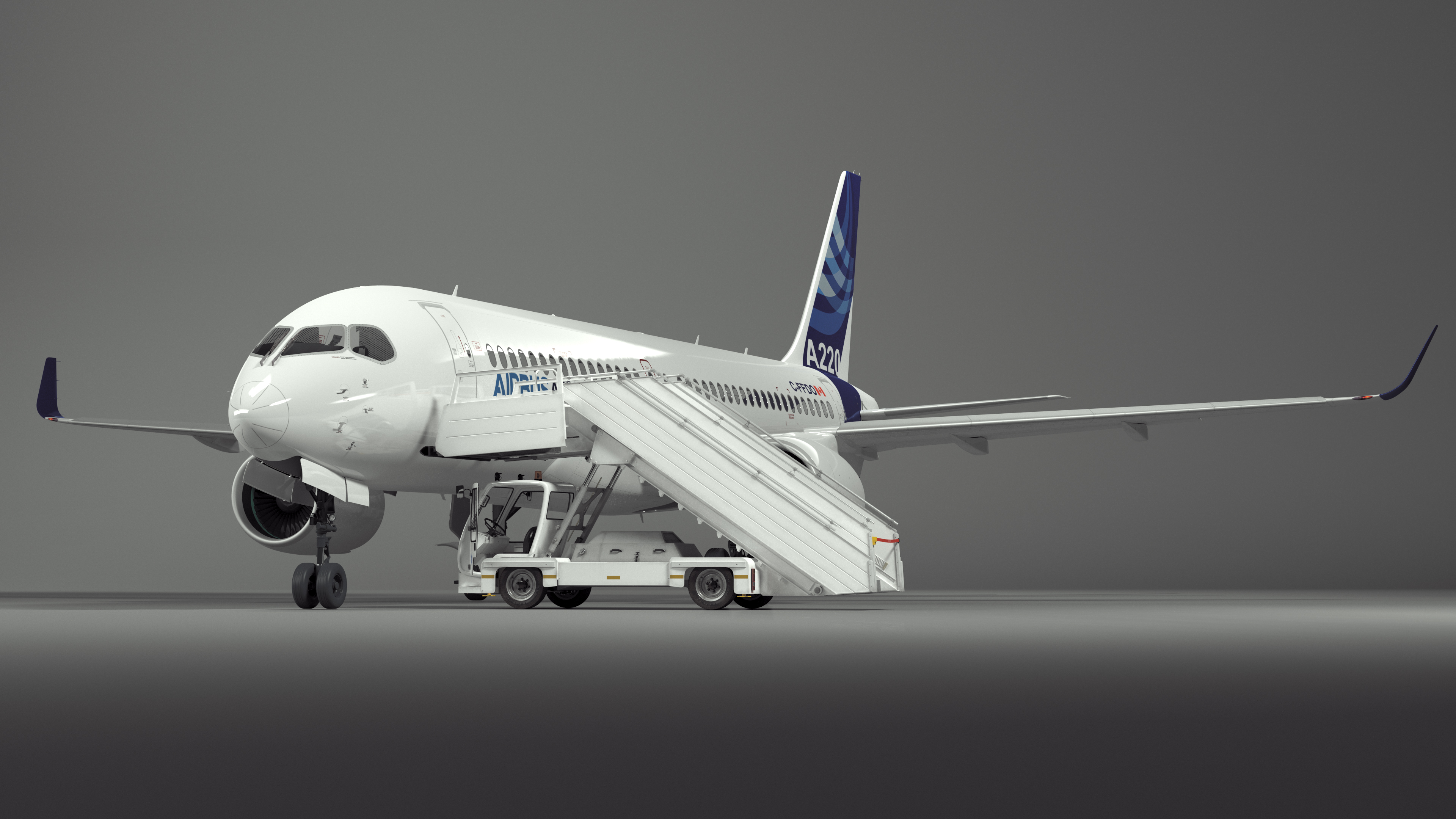 Airbus A220 with Passenger Boarding Stairs Car Rigged for Cinema 4D 3D