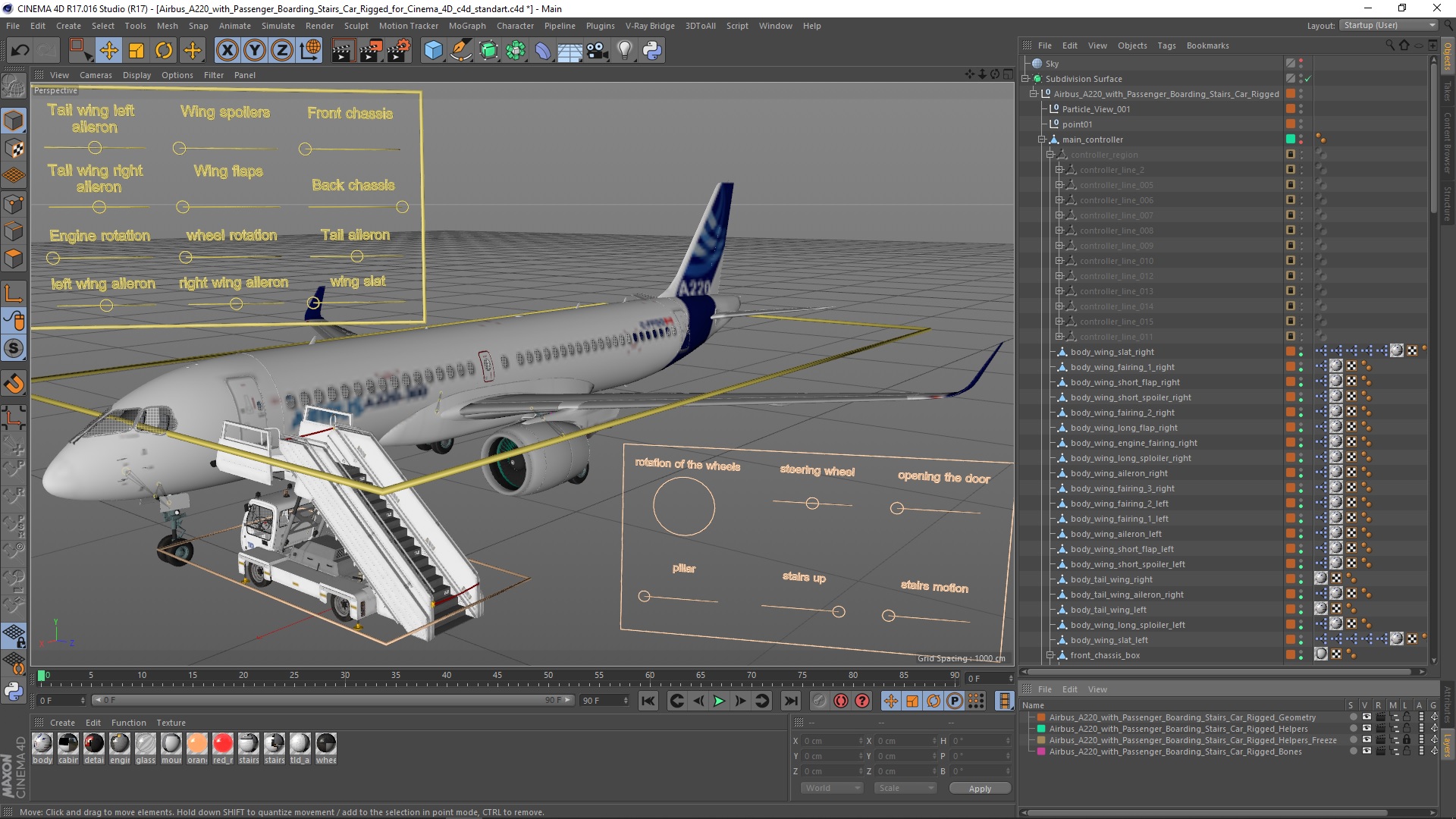 Airbus A220 with Passenger Boarding Stairs Car Rigged for Cinema 4D 3D