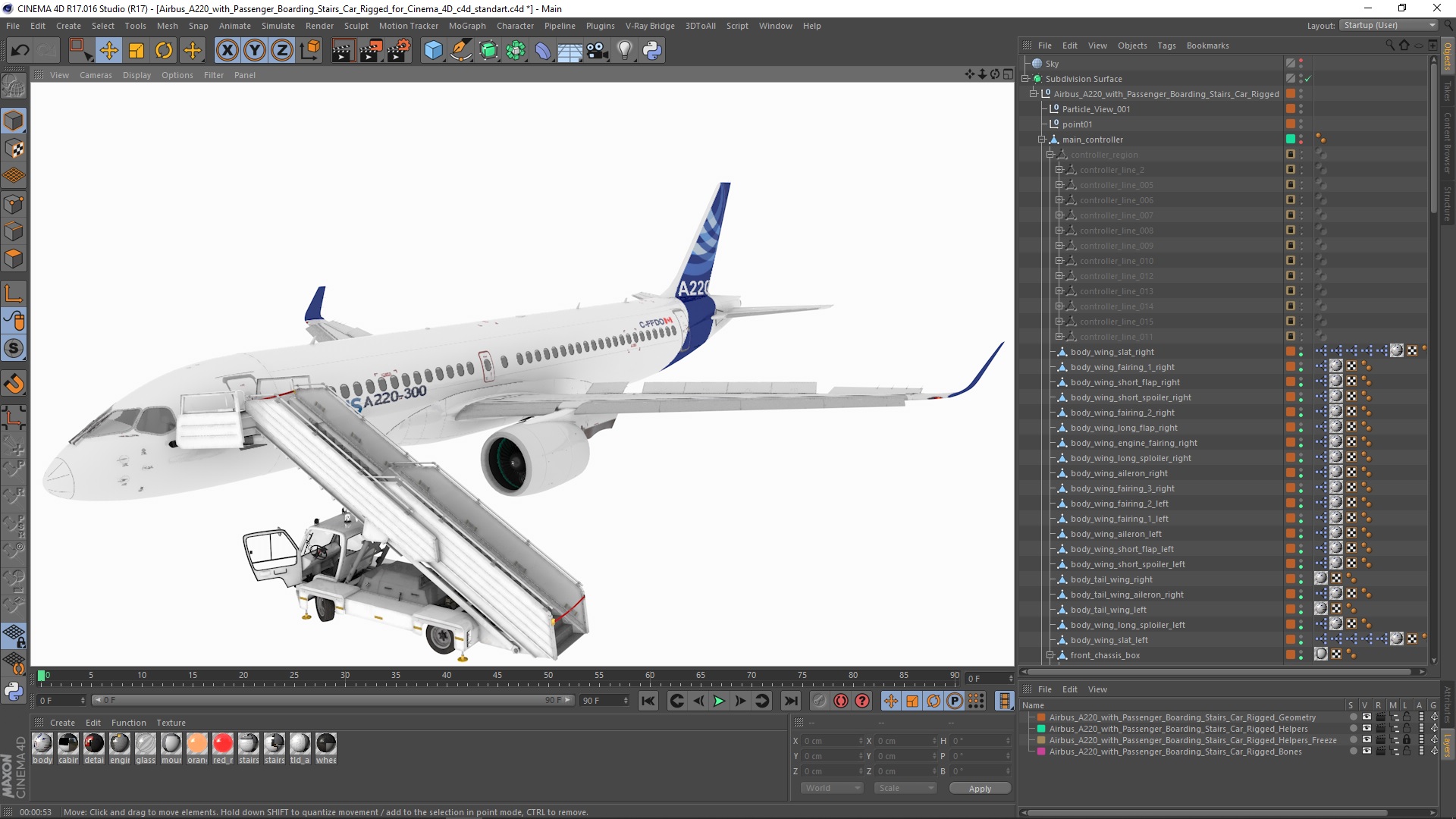 Airbus A220 with Passenger Boarding Stairs Car Rigged for Cinema 4D 3D
