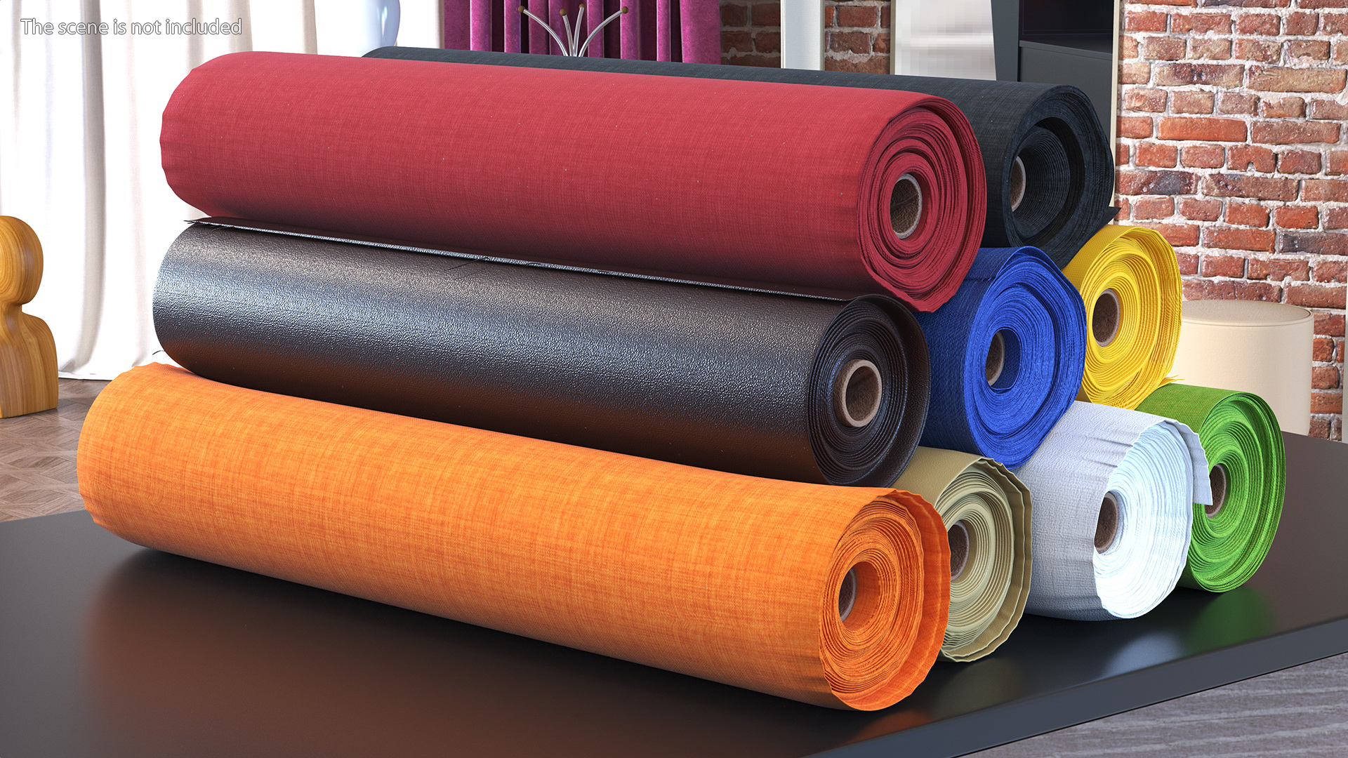 3D model Pile of Differently Colored Fabric Rolls