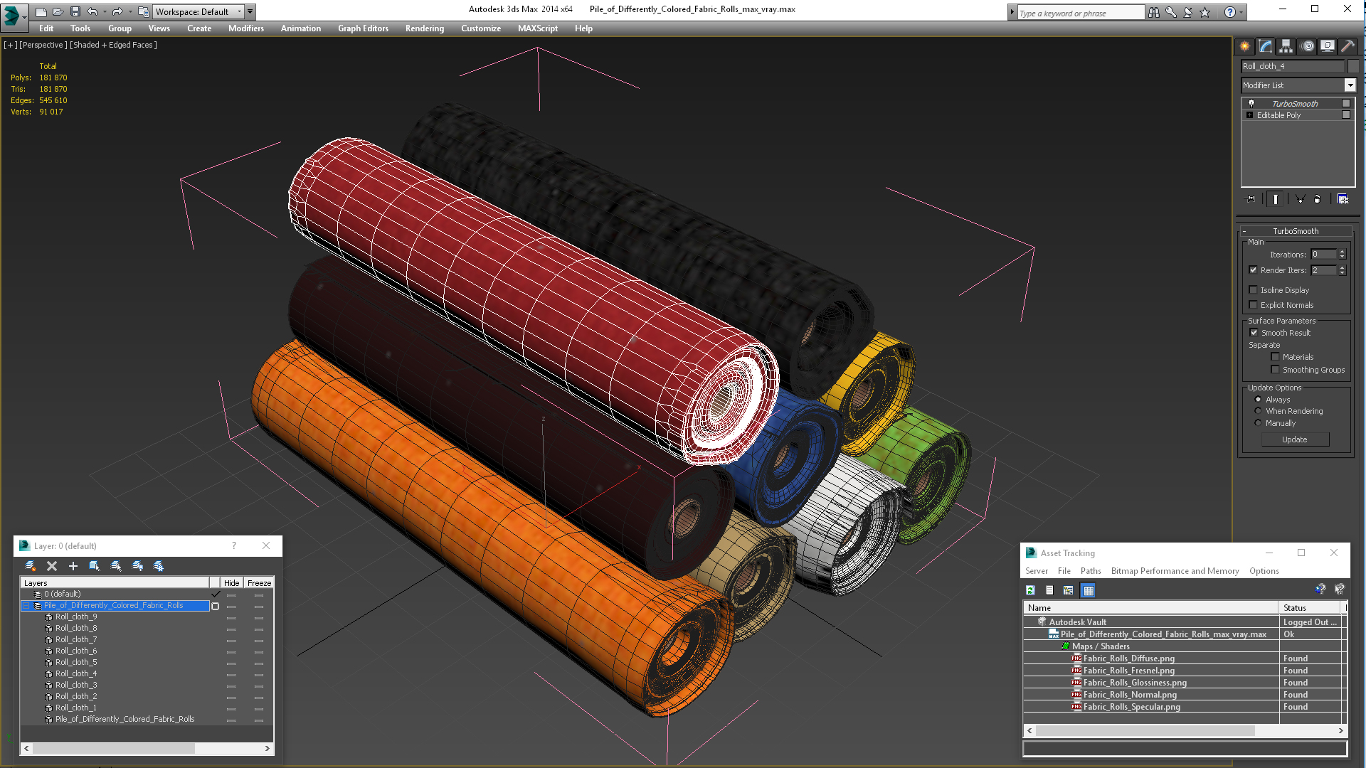 3D model Pile of Differently Colored Fabric Rolls
