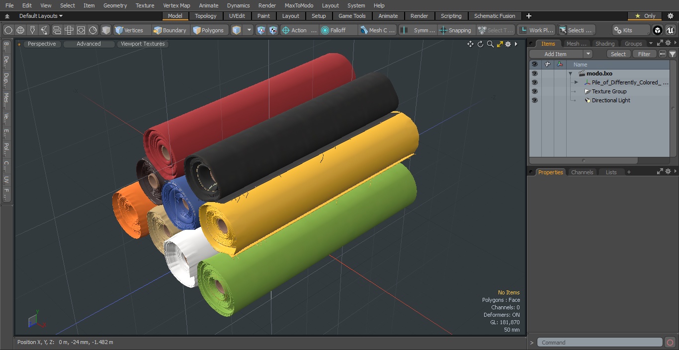 3D model Pile of Differently Colored Fabric Rolls