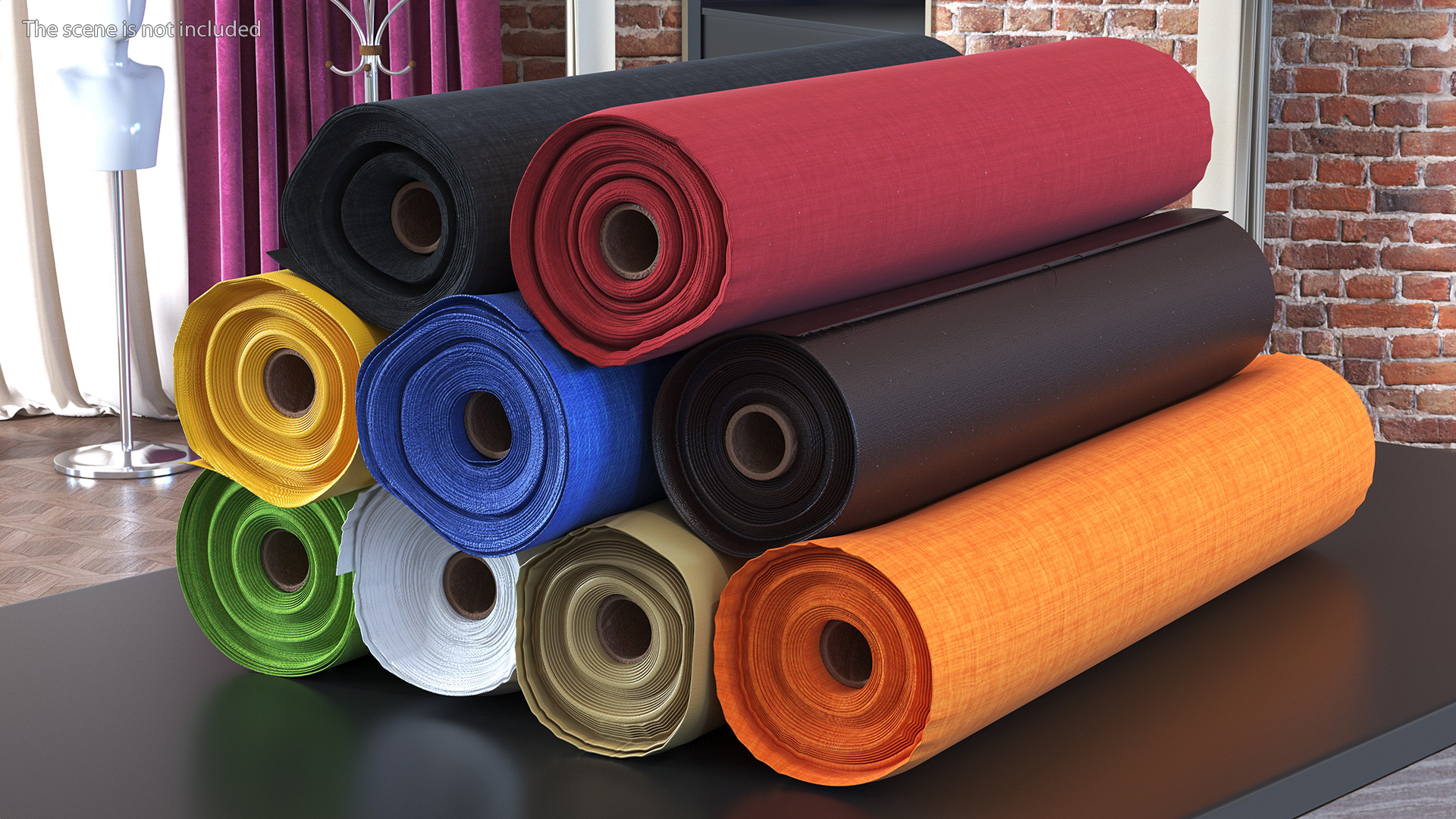 3D model Pile of Differently Colored Fabric Rolls
