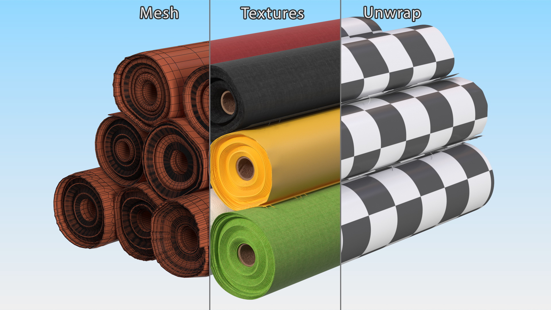 3D model Pile of Differently Colored Fabric Rolls