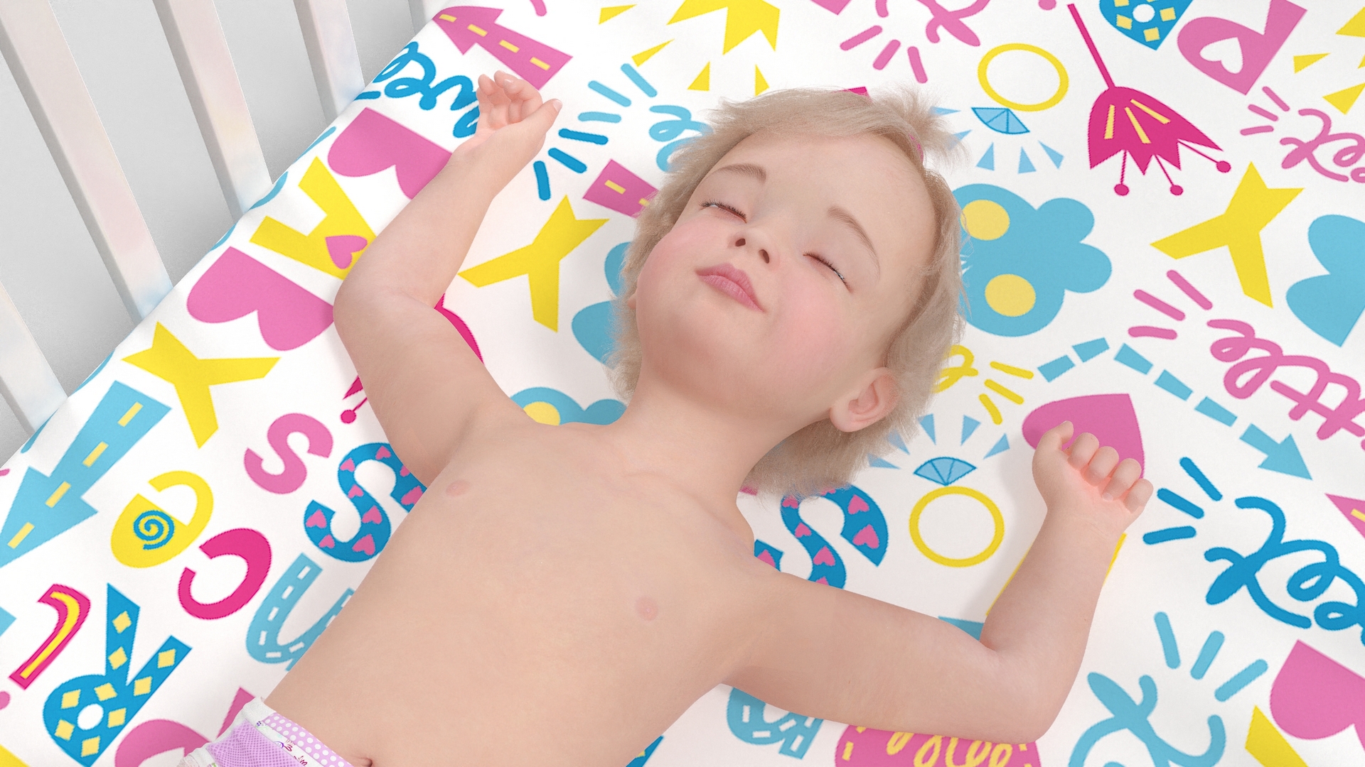3D Baby Girl in Bed Sleeping Fur Rigged