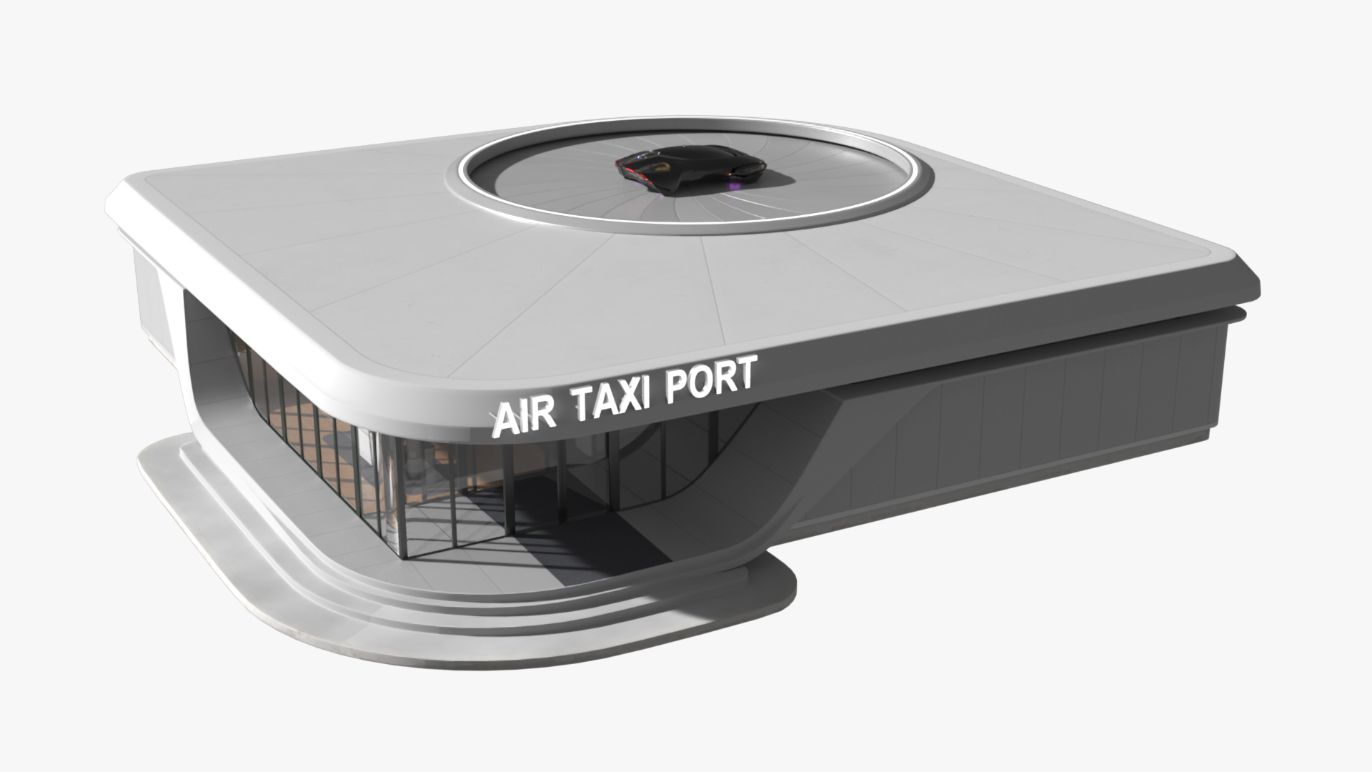 Air Taxi Port with Landing Pad and Futuristic Black Flying Car 3D