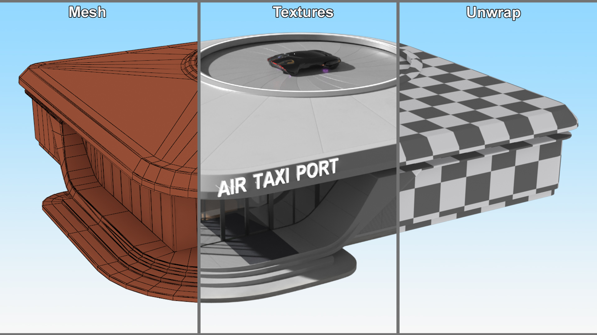 Air Taxi Port with Landing Pad and Futuristic Black Flying Car 3D