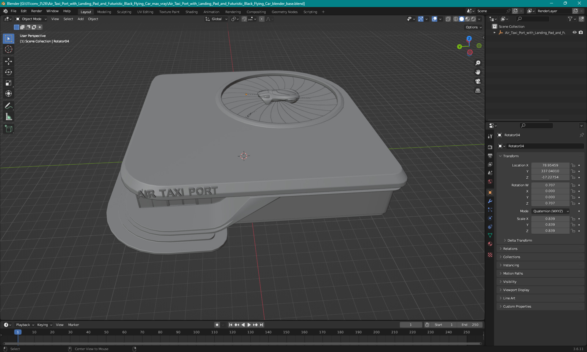 Air Taxi Port with Landing Pad and Futuristic Black Flying Car 3D