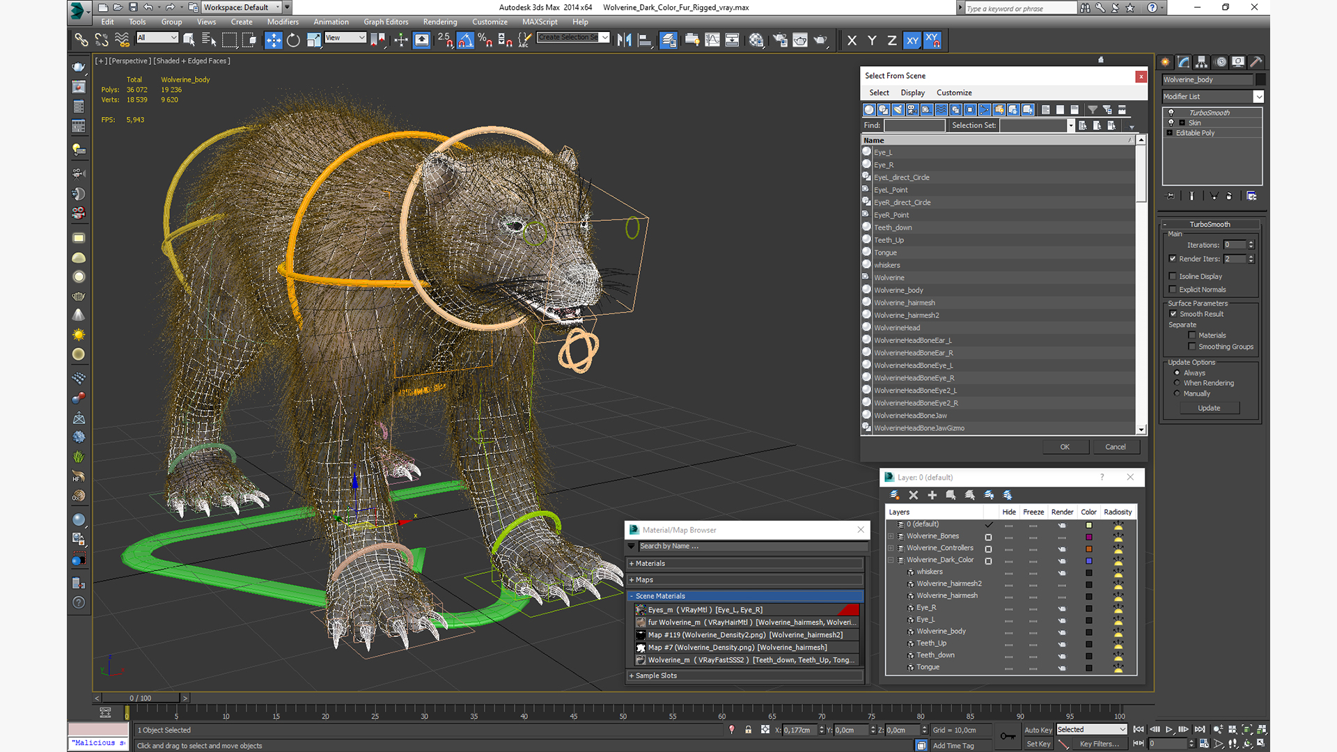 3D Wolverine Dark Color Fur Rigged