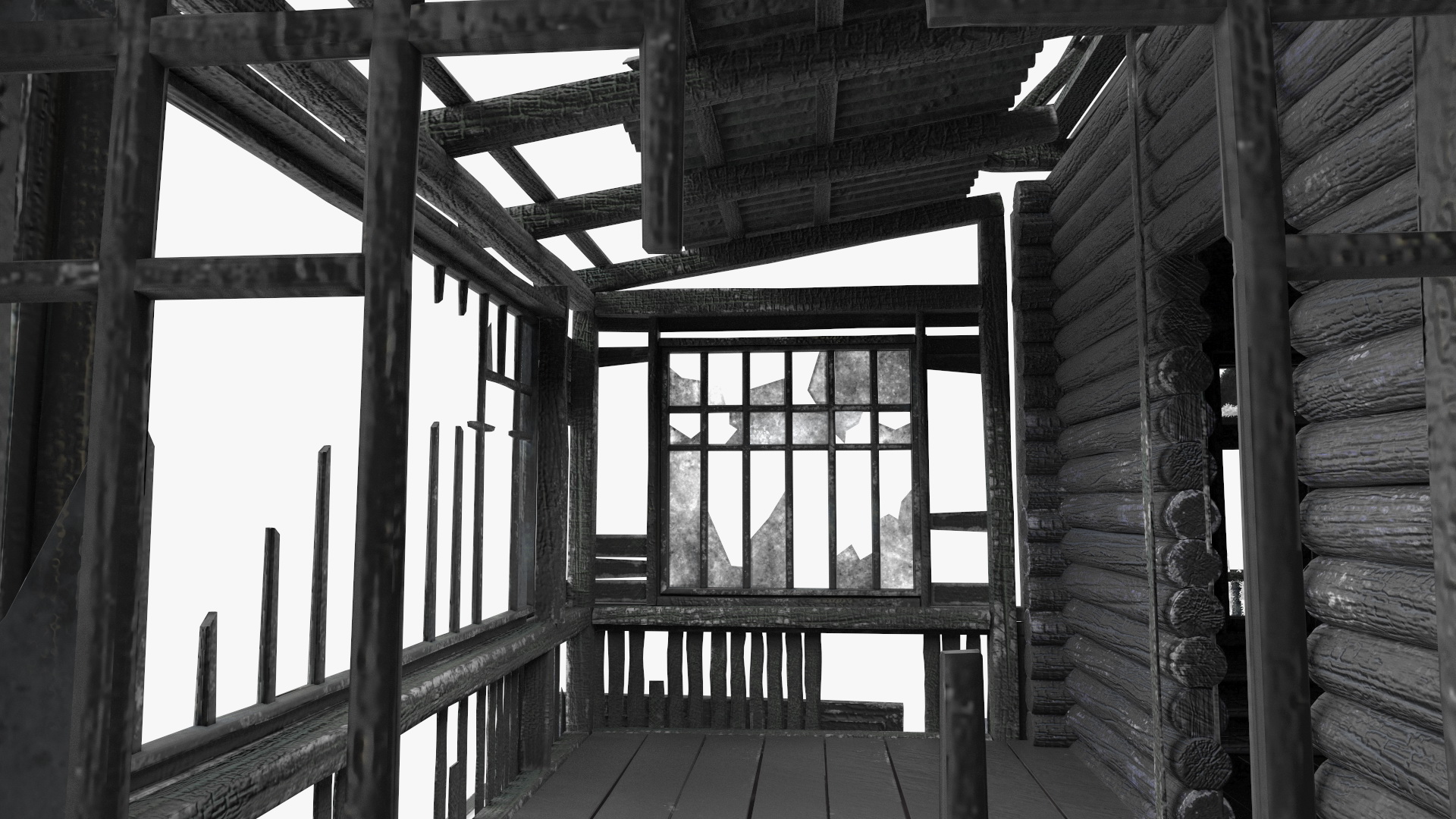 3D Burnt Wooden Down House Blue model