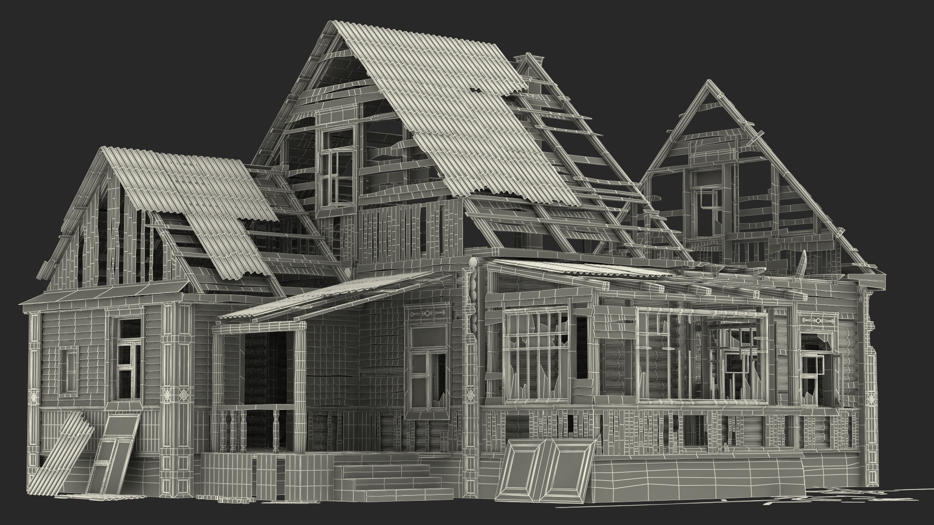 3D Burnt Wooden Down House Blue model