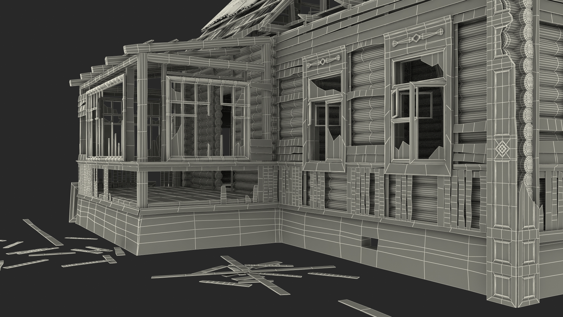3D Burnt Wooden Down House Blue model