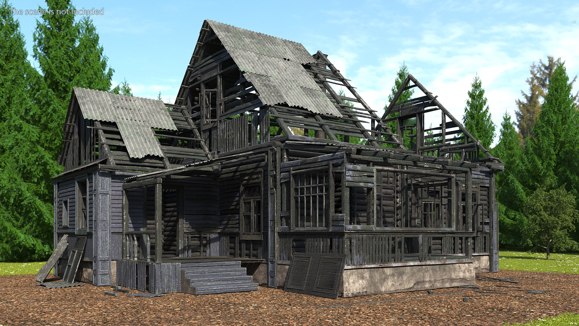 3D Burnt Wooden Down House Blue model