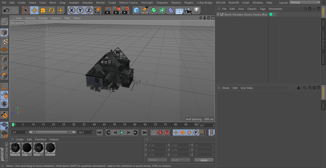 3D Burnt Wooden Down House Blue model
